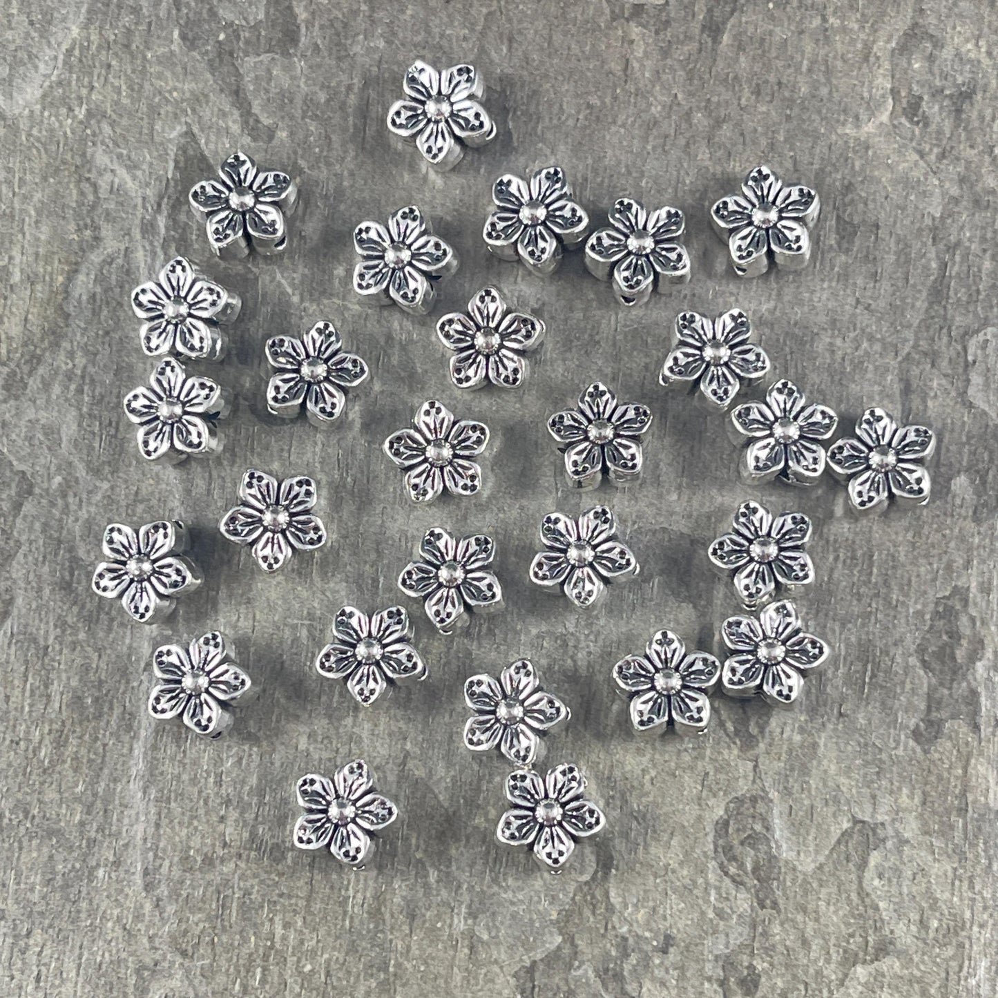 Antiqued Silver Flower Bead, Double Sided 8.5mm Metal Flower, Nature Theme Beads (N005-071) * Qty. 30