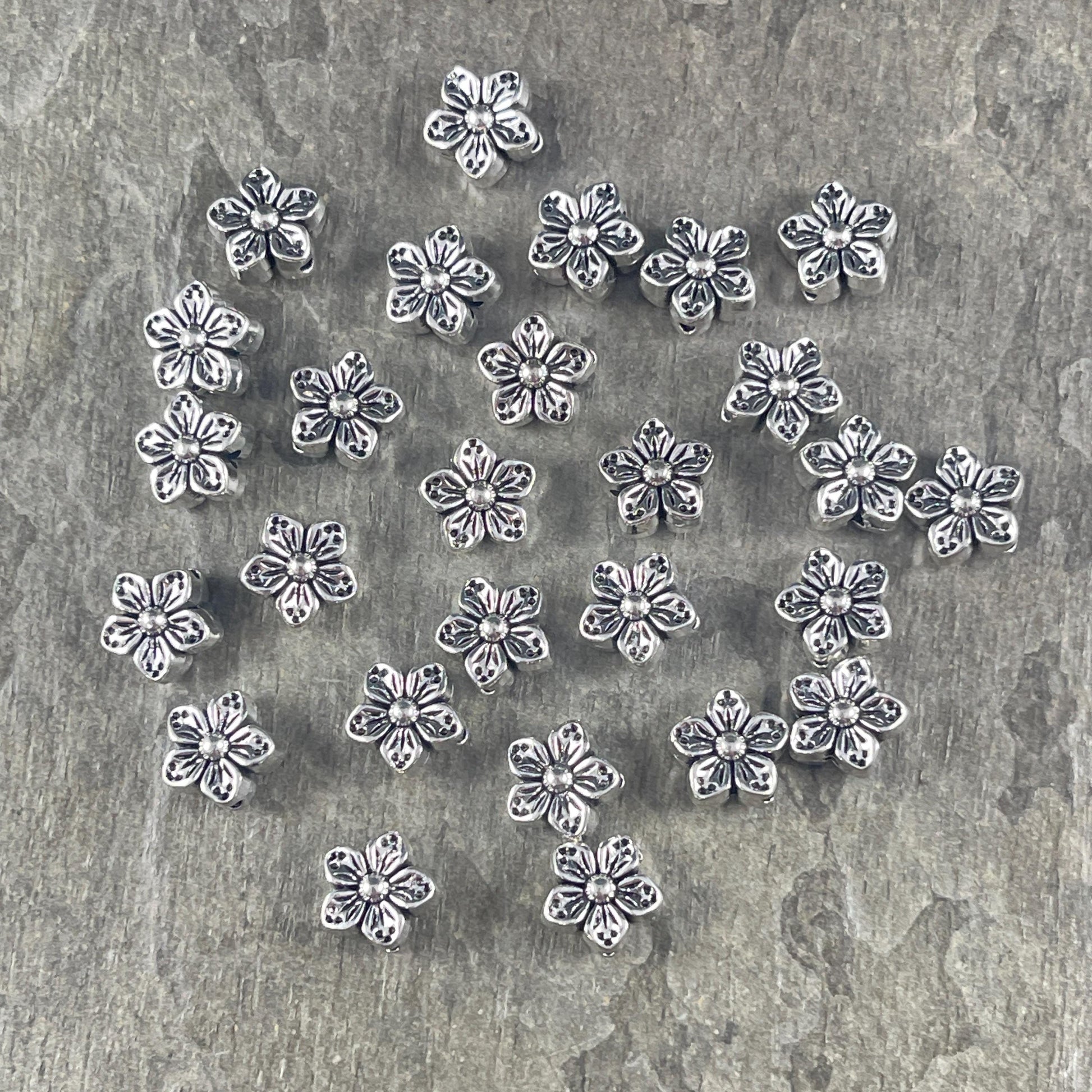 Antiqued Silver Flower Bead, Double Sided 8.5mm Metal Flower, Nature Theme Beads (N005-071) * Qty. 30