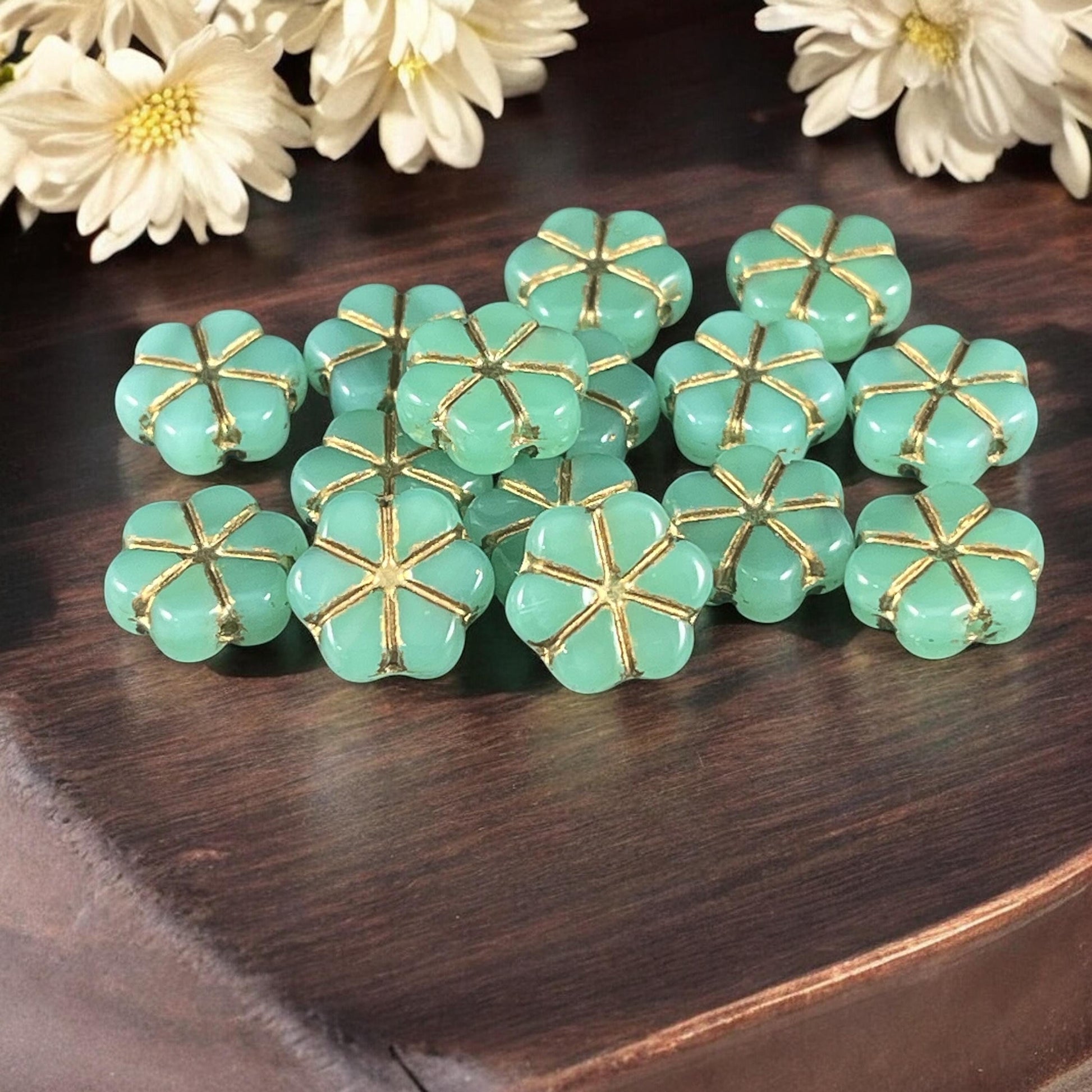 Czech Glass Beads, 10mm Green Flower, Green Opaline Glass with Gold Wash (PFMN-1) * Qty. 10