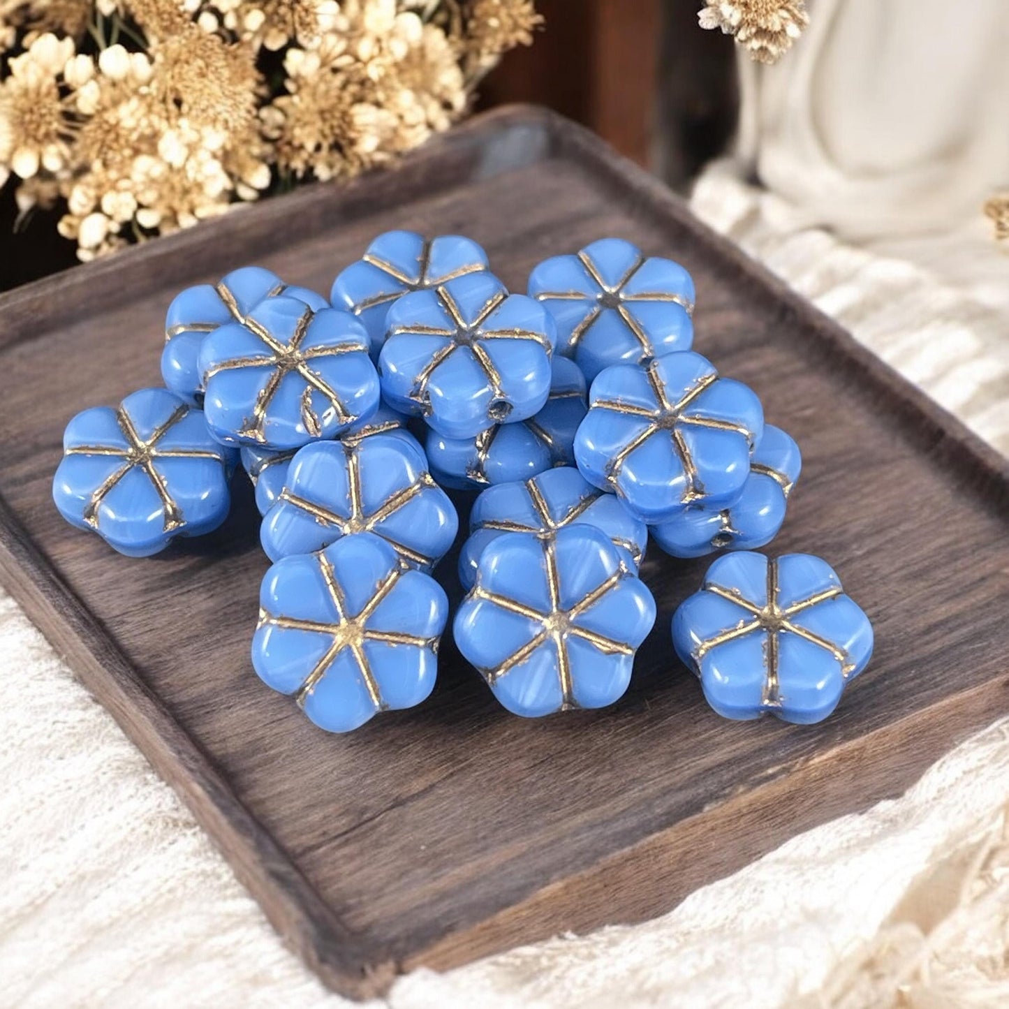 Czech Glass Beads - 10mm Periwinkle Blue Flower, Blue Opaline Glass with Gold Wash (PFMN-2) * Qty. 10