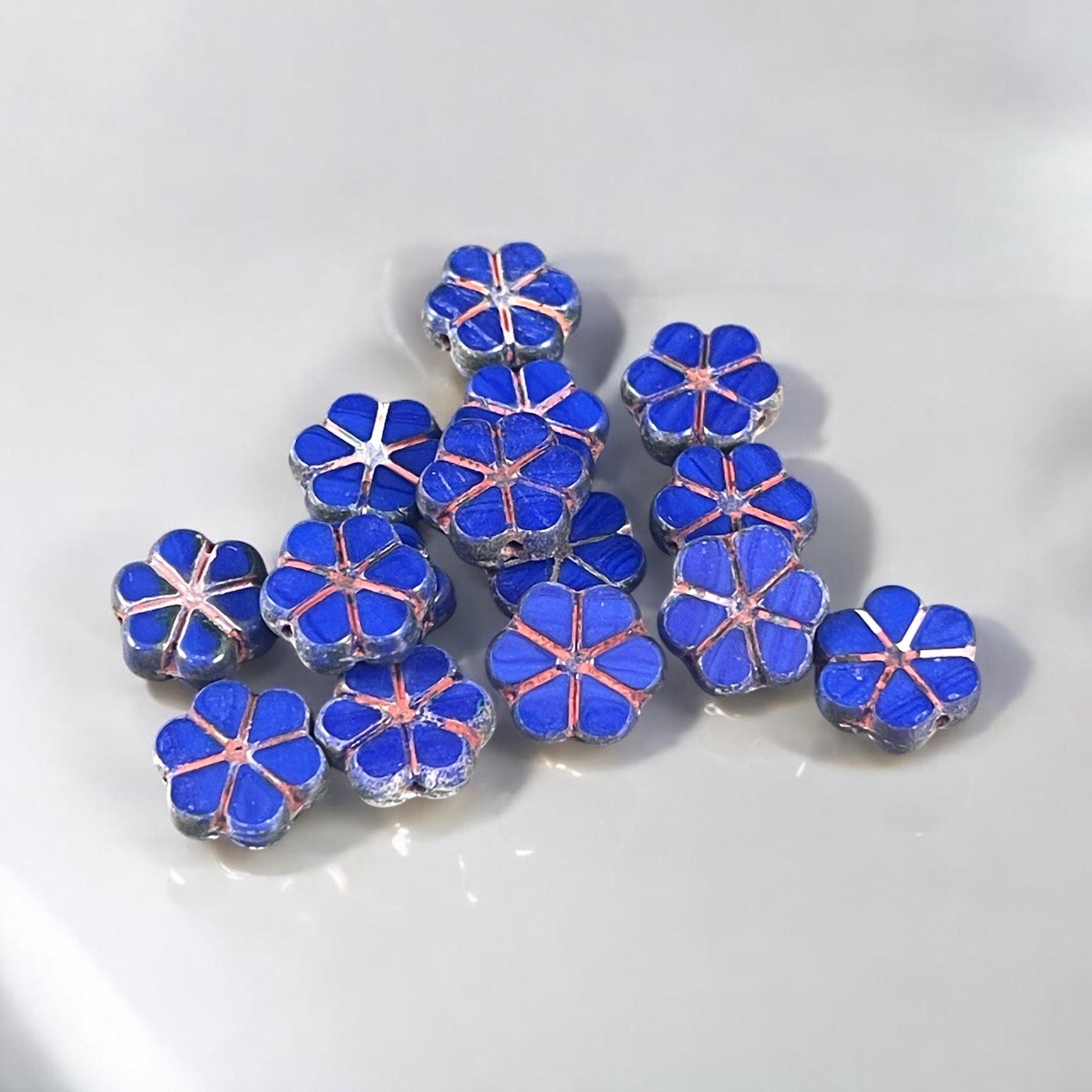 Czech Glass Beads - 10mm Dark Blue Flower, Opaque Cobalt Blue with Travertine Picasso Finish (TCFMN-36) * Qty. 15