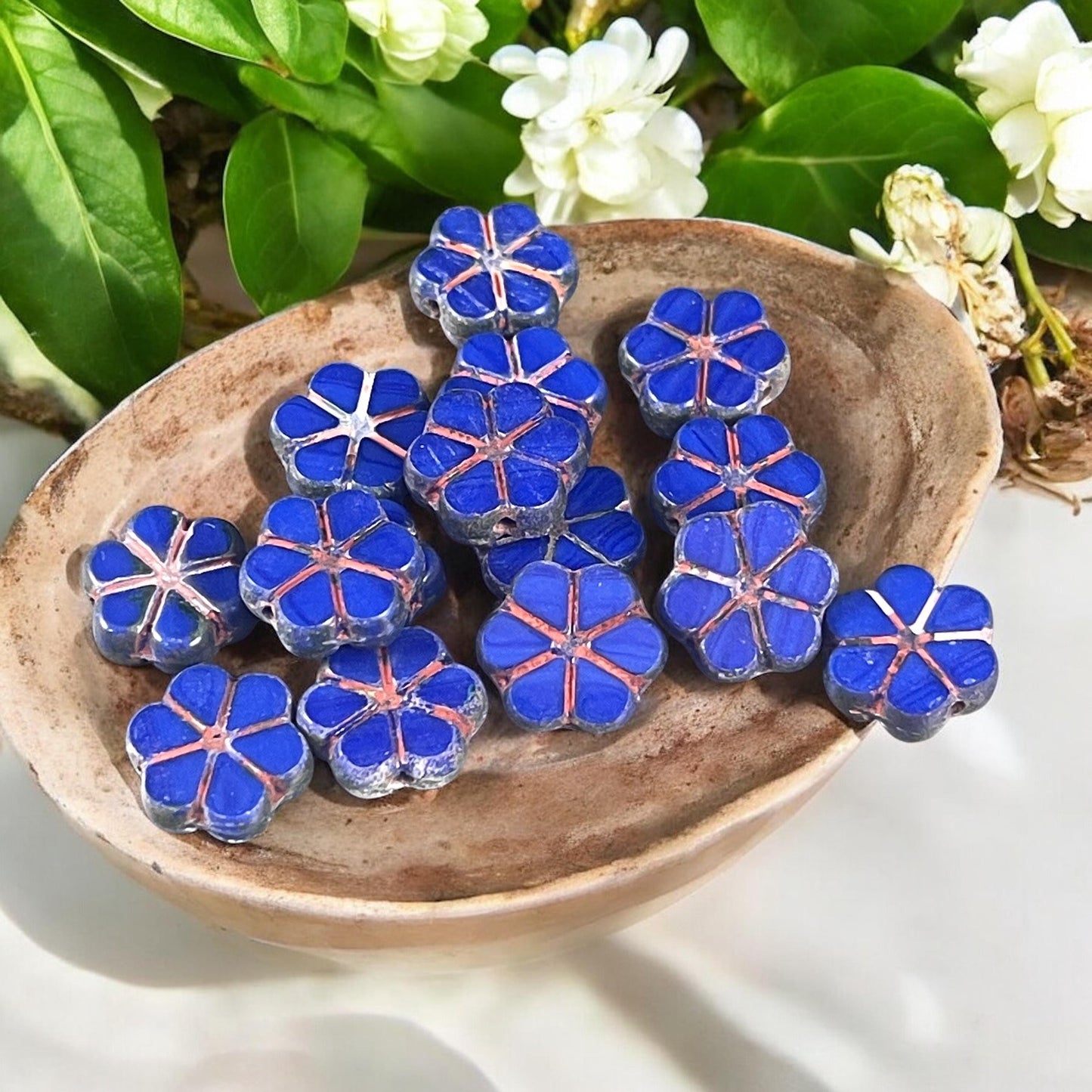 Czech Glass Beads - 10mm Dark Blue Flower, Opaque Cobalt Blue with Travertine Picasso Finish (TCFMN-36) * Qty. 15