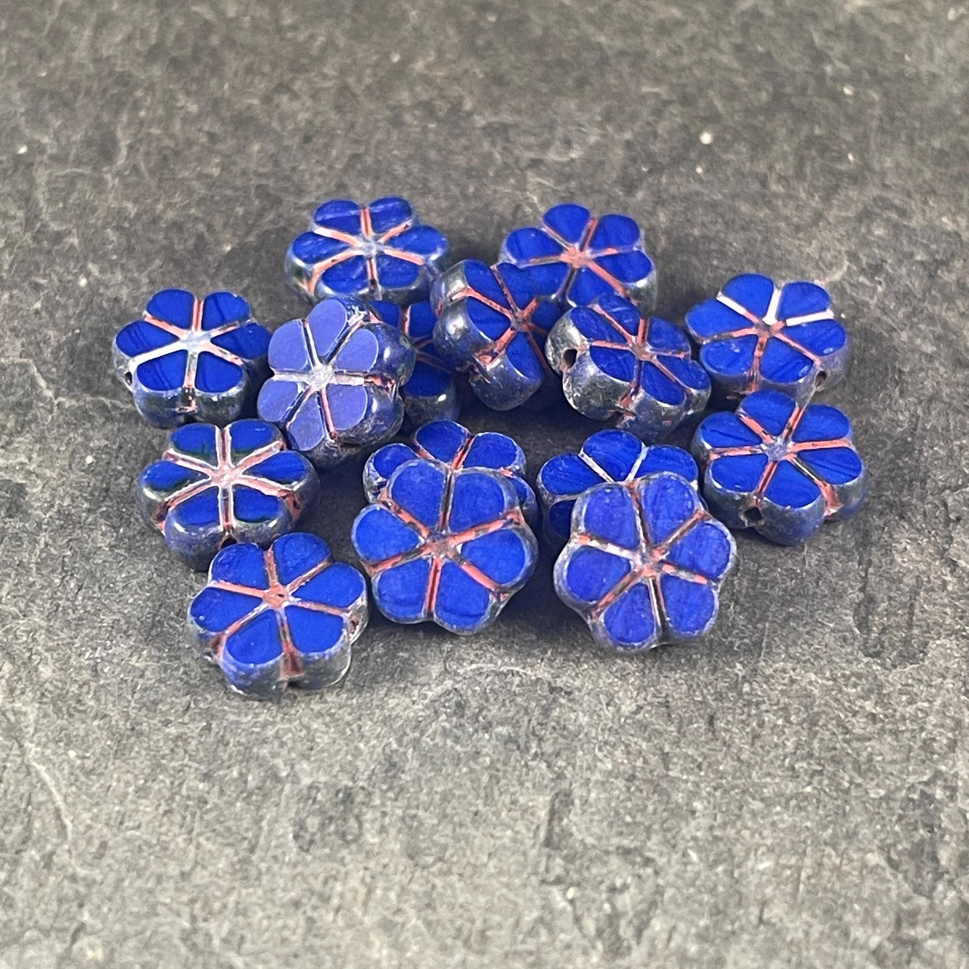 Czech Glass Beads, 10mm Dark Blue Flower, Opaque Cobalt Blue with Travertine Picasso Finish (TCFMN-36) * Qty. 10