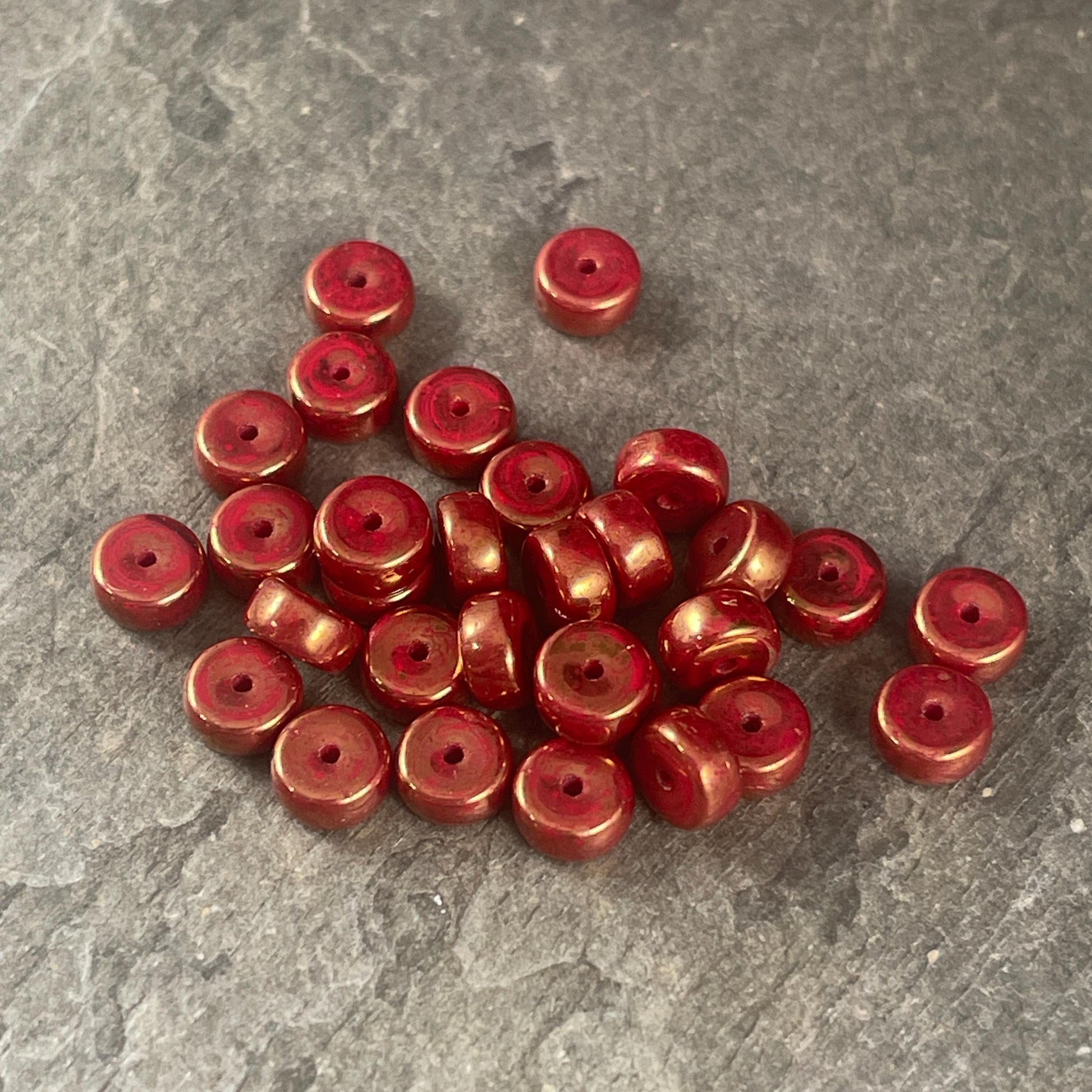 Czech Glass Beads - 6mm Red Heishi Rondelle, Dark Red with Bronze Metallic Luster (HSH/N-0763) * 50 Beads