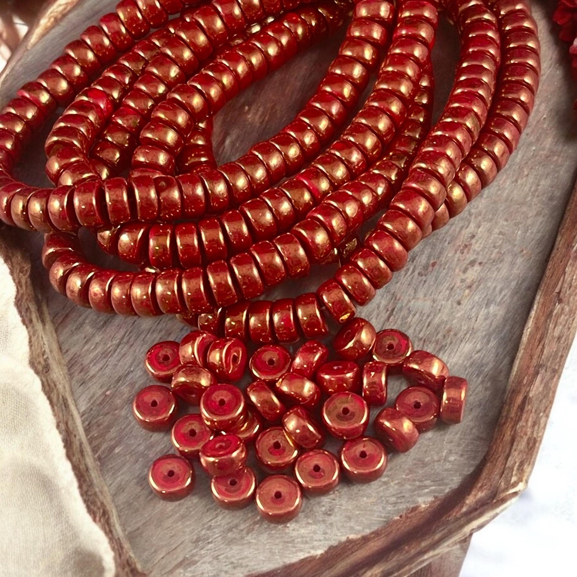 Czech Glass Beads - 6mm Red Heishi Rondelle, Dark Red with Bronze Metallic Luster (HSH/N-0763) * 50 Beads