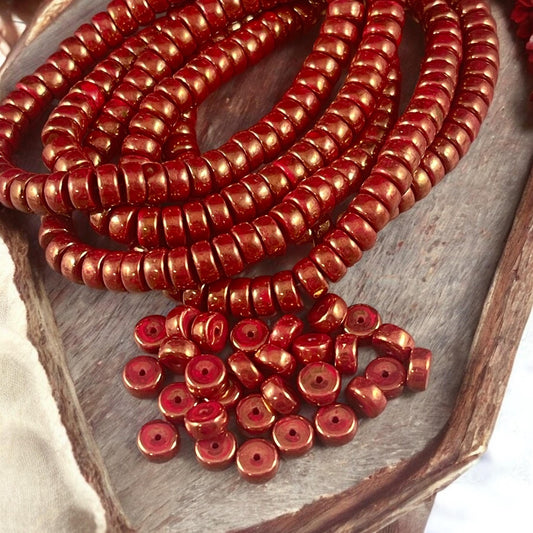 Czech Glass Beads - 6mm Red Heishi Rondelle, Dark Red with Bronze Metallic Luster (HSH/N-0763) * 50 Beads