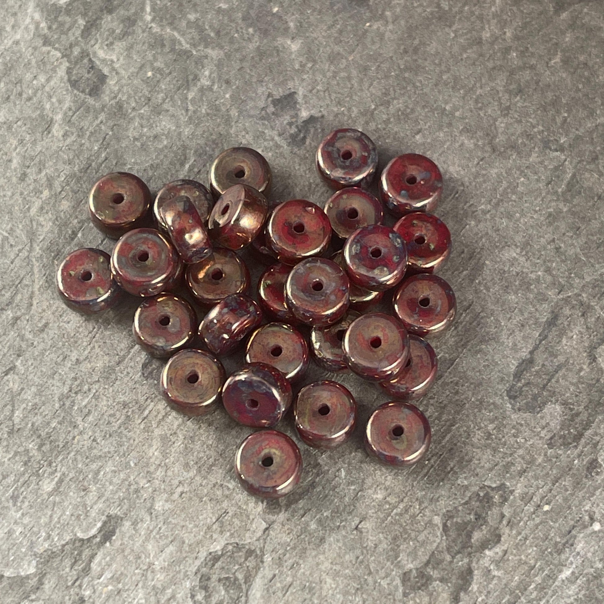 6mm Sangria Red Heishi Rondelle, Czech Glass Beads, Dark Red with Full Bronze Picasso Finish (HSH/N-0698) * 50 Beads
