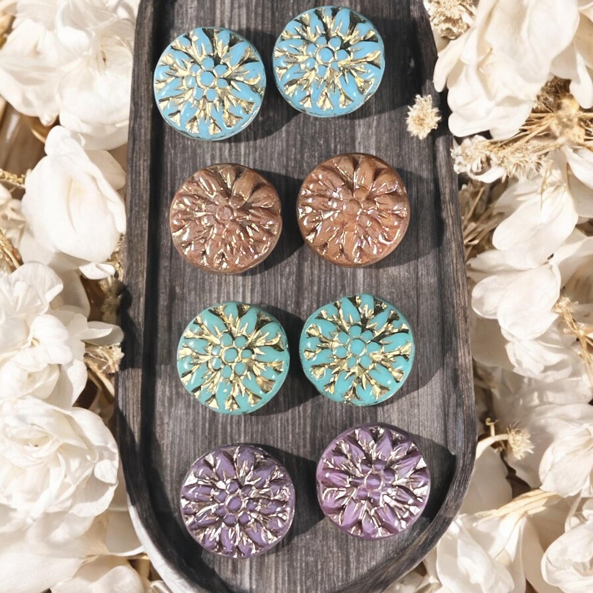 Czech Glass Bead Assortment - 14mm Dahlia Flower Beads - Pairs for Earrings, Flower Assortment (DM-6) * Qty. 8