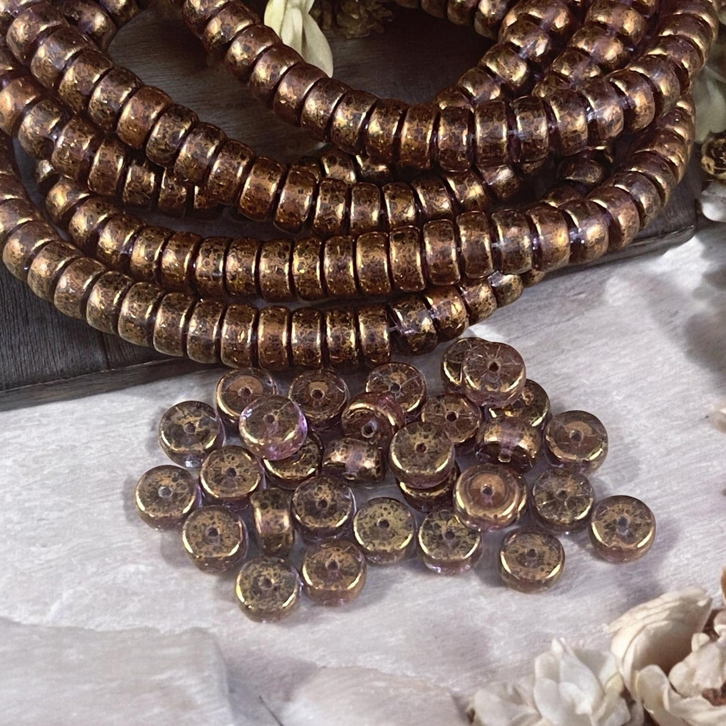 Czech Glass Beads - 6mm Bronzed Purple Heishi Rondelle, Transparent Purple with Bronze Finish (HSH/N-0543) * 50 Beads