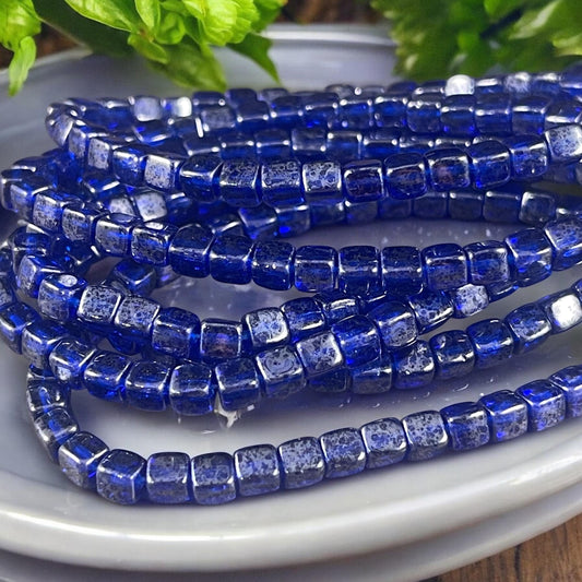 Czech Glass Beads - 4mm Cube, Transparent Cobalt Blue Beads with Silver Finish (CUB/N-2087) * Qty. 40