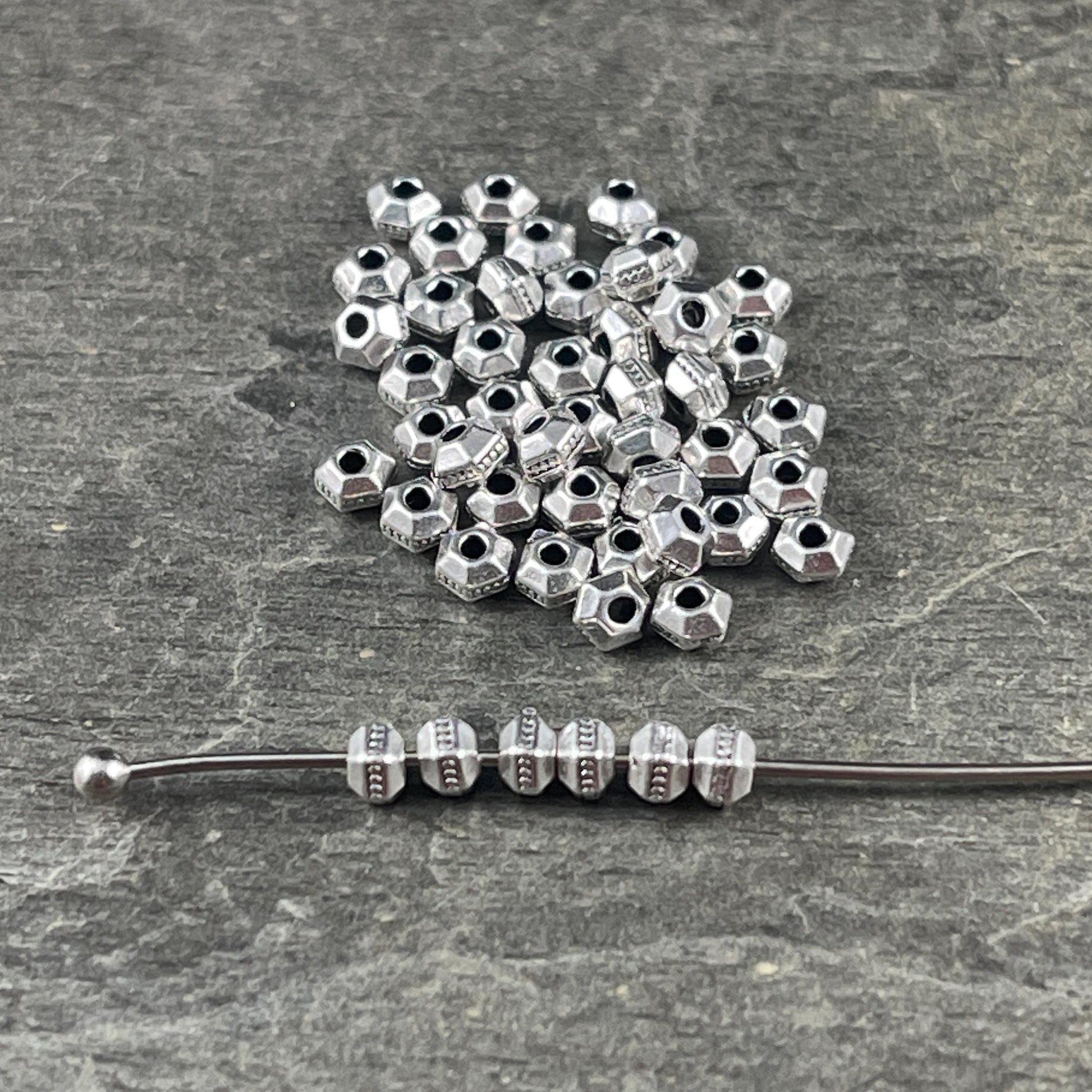 TierraCast 3mm Hexagon Bead, Faceted 3mm Spacer Bead, Tiny Antiqued Silver-Plated Bead (PF/392-77) * Qty. 50
