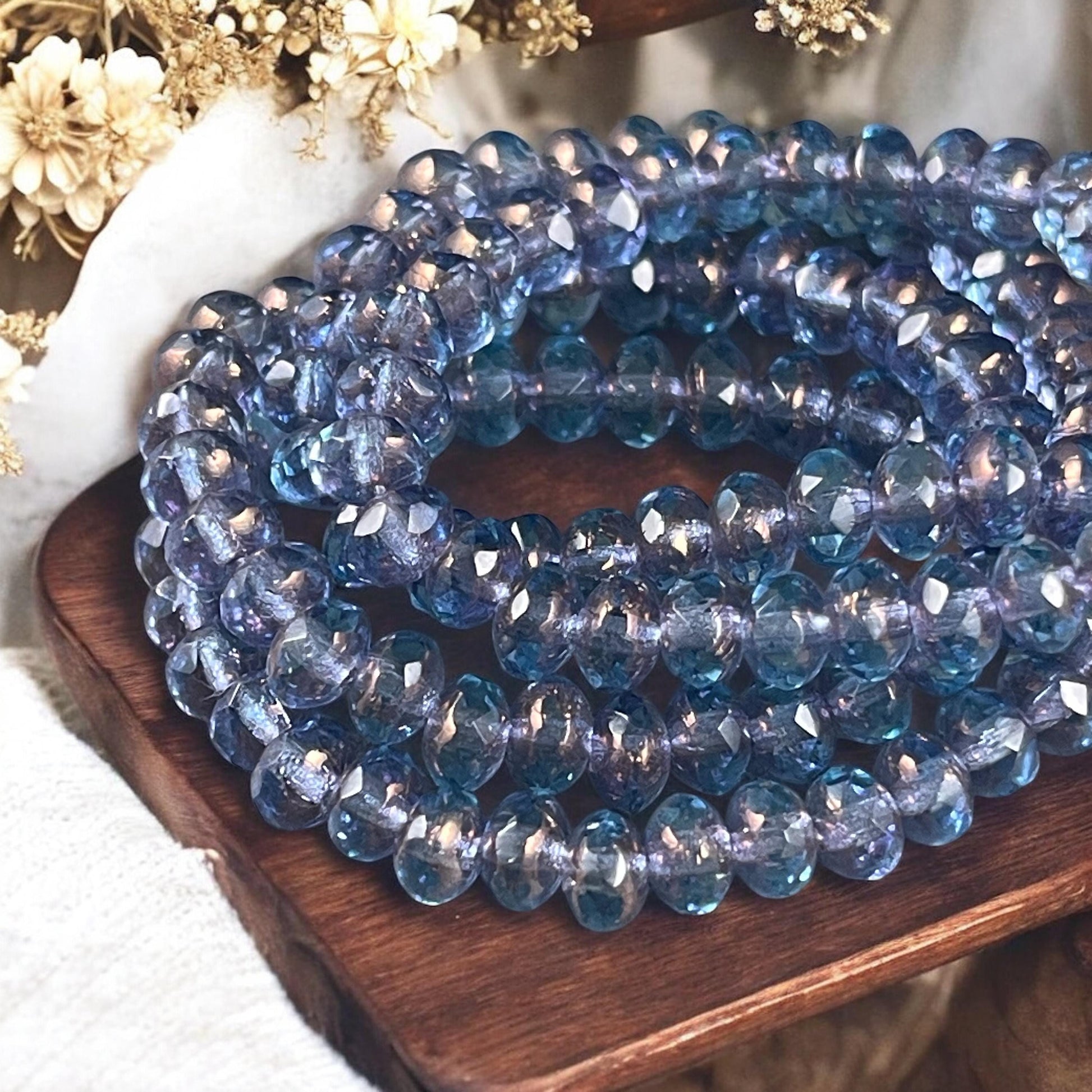 Transparent Indigo Blue Faceted Rondelles, 5x3mm Czech Glass Beads, Transparent Sapphire with Purple Luster Finish (R5/N-0369) * Qty. 30