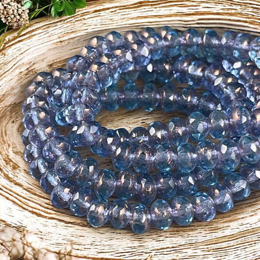 Transparent Indigo Blue Faceted Rondelles, 5x3mm Czech Glass Beads, Transparent Sapphire with Purple Luster Finish (R5/N-0369) * Qty. 30