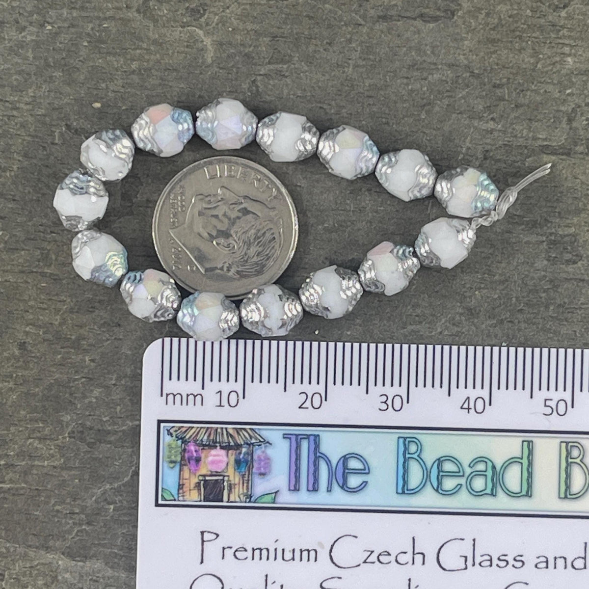 Czech Glass Beads - Cathedral 8x6mm Carved Oval Bicone, White Beads with Silver and AB Finishes (CTD/N-057) * Qty. 15