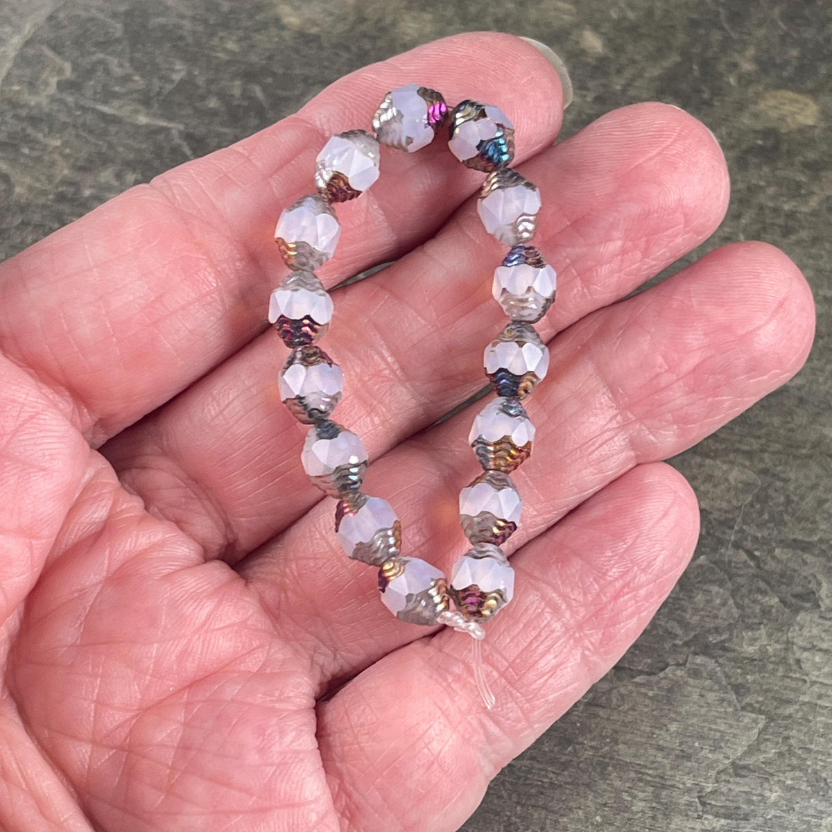 Czech Glass Beads - Cathedral 8x6mm Carved Oval Bicone, Milky White with Rainbow Metallic Finish (CTD/N-054) * Qty. 15