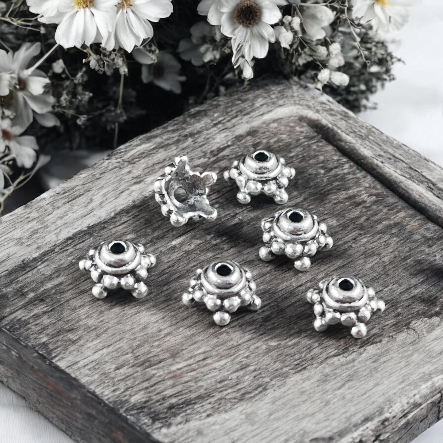 TierraCast Bead Caps - Antiqued Silver Beaded 7.75mm Star Bead Cap (PF/767-77) * Qty. 10