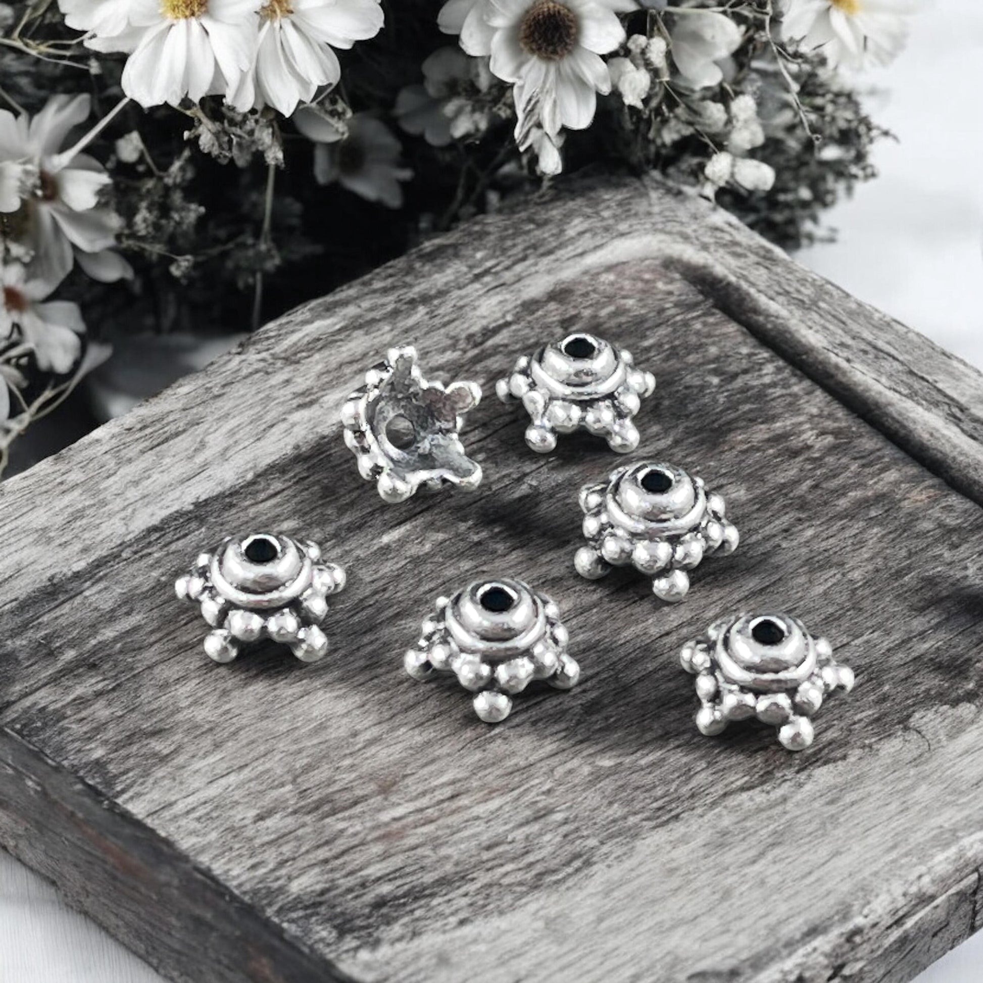 TierraCast Bead Caps - Antiqued Silver Beaded 7.75mm Star Bead Cap (PF/767-77) * Qty. 10