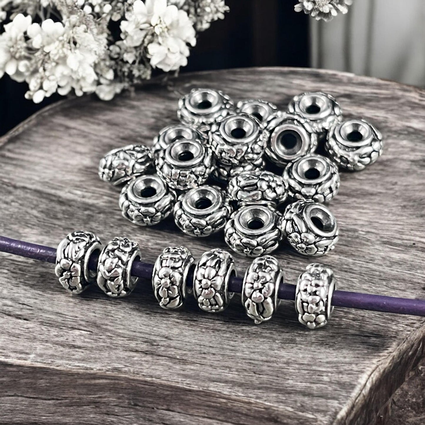 TierraCast 6.5mm Floral Theme Rondelle, Antiqued Silver Spacer Bead (PF/817-77) * Qty. 10