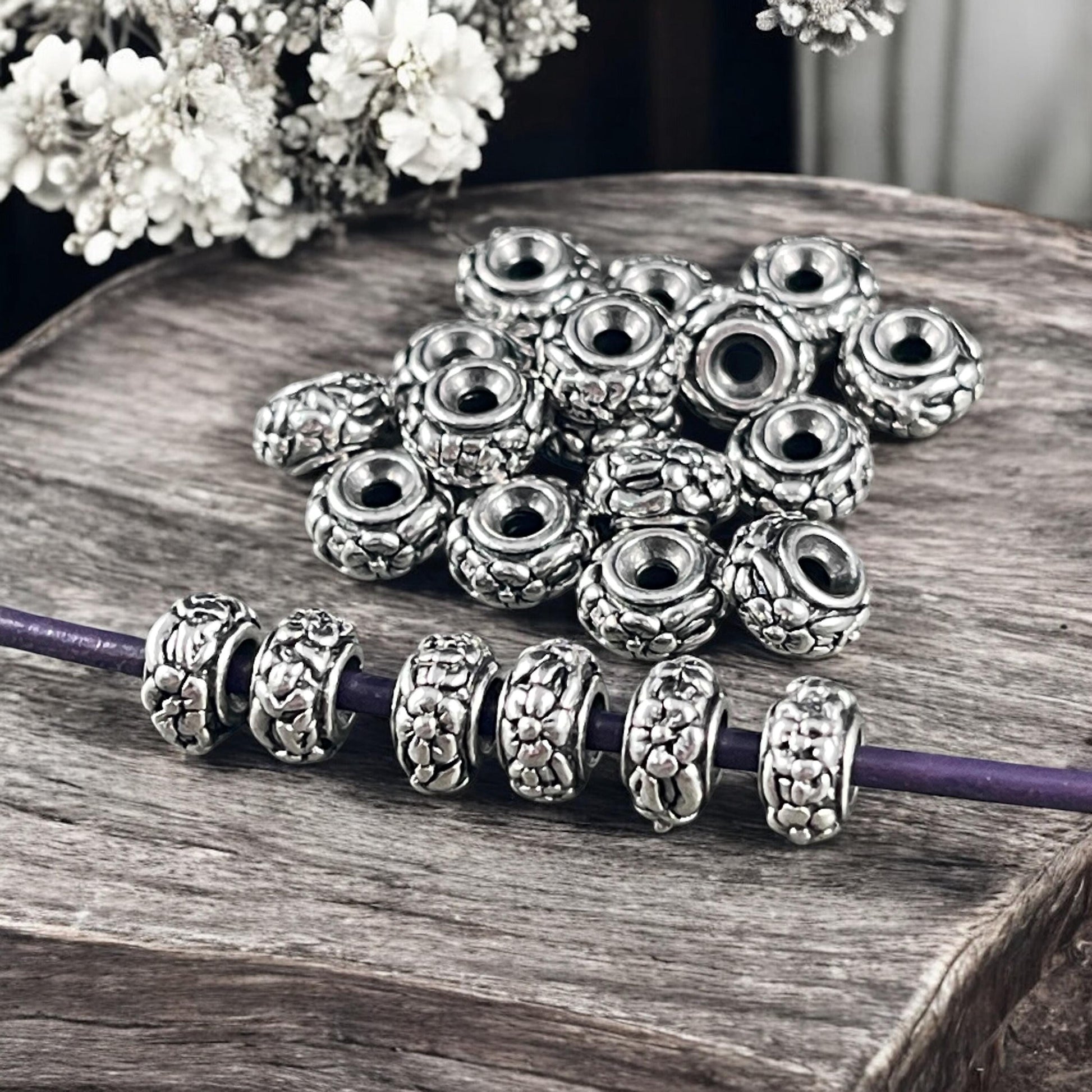 TierraCast 6.5mm Floral Theme Rondelle, Antiqued Silver Spacer Bead (PF/817-77) * Qty. 10
