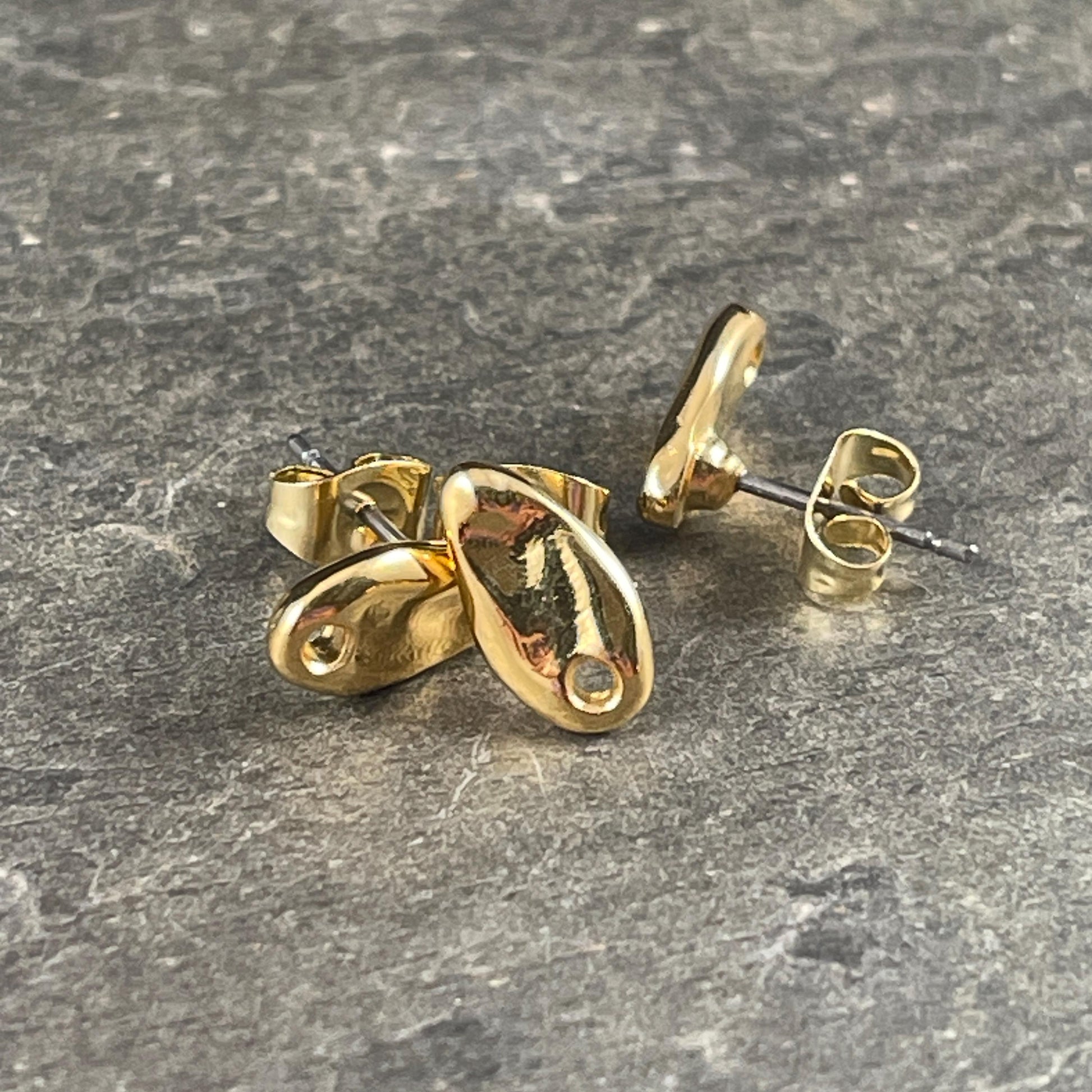 24k Gold Plated Earring Post, Small 11.5x6mm Organic Oval Earring with hole for Dangles (PF/14938-12) * Qty. 4
