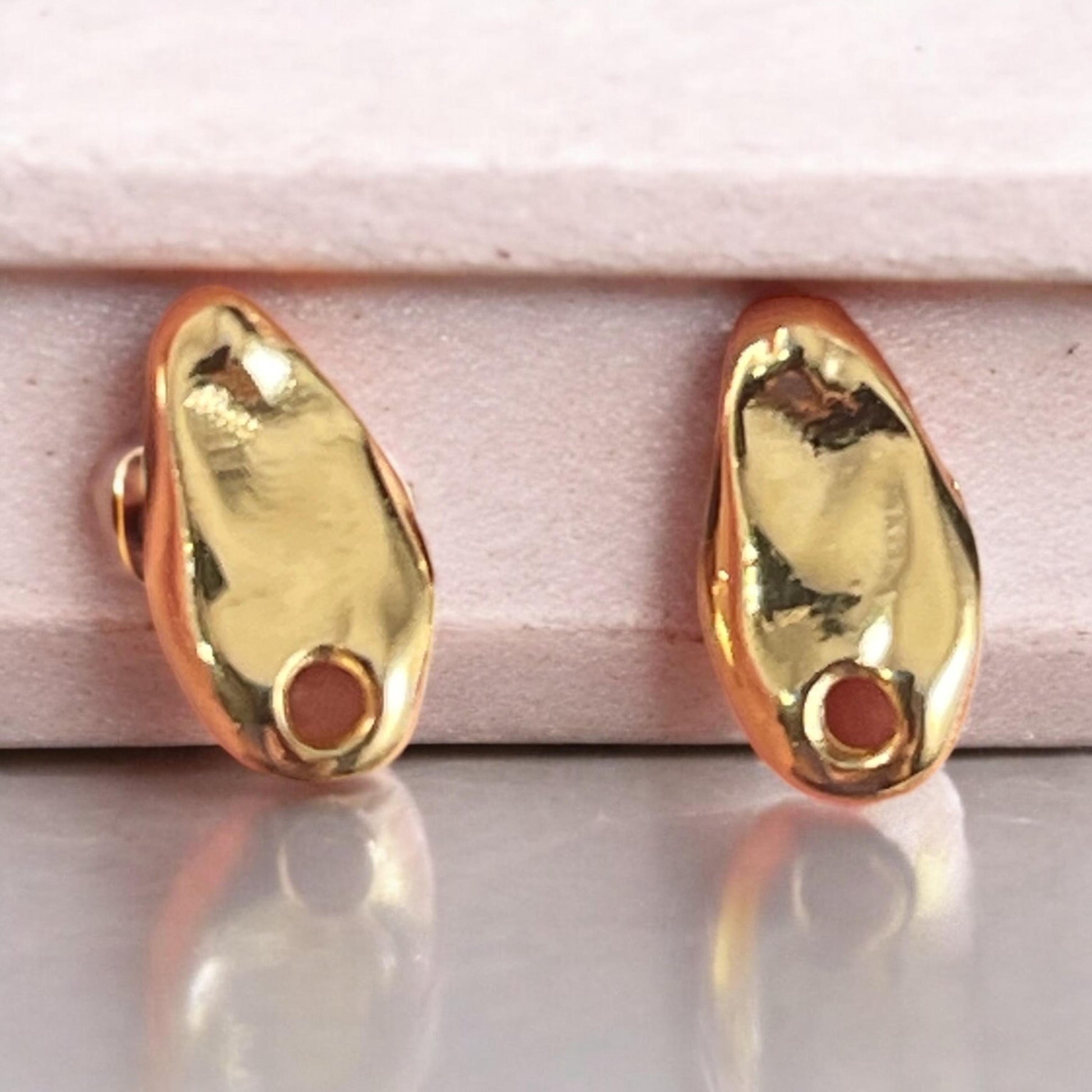 24k Gold Plated Earring Post, Small 11.5x6mm Organic Oval Earring with hole for Dangles (PF/14938-12) * Qty. 4