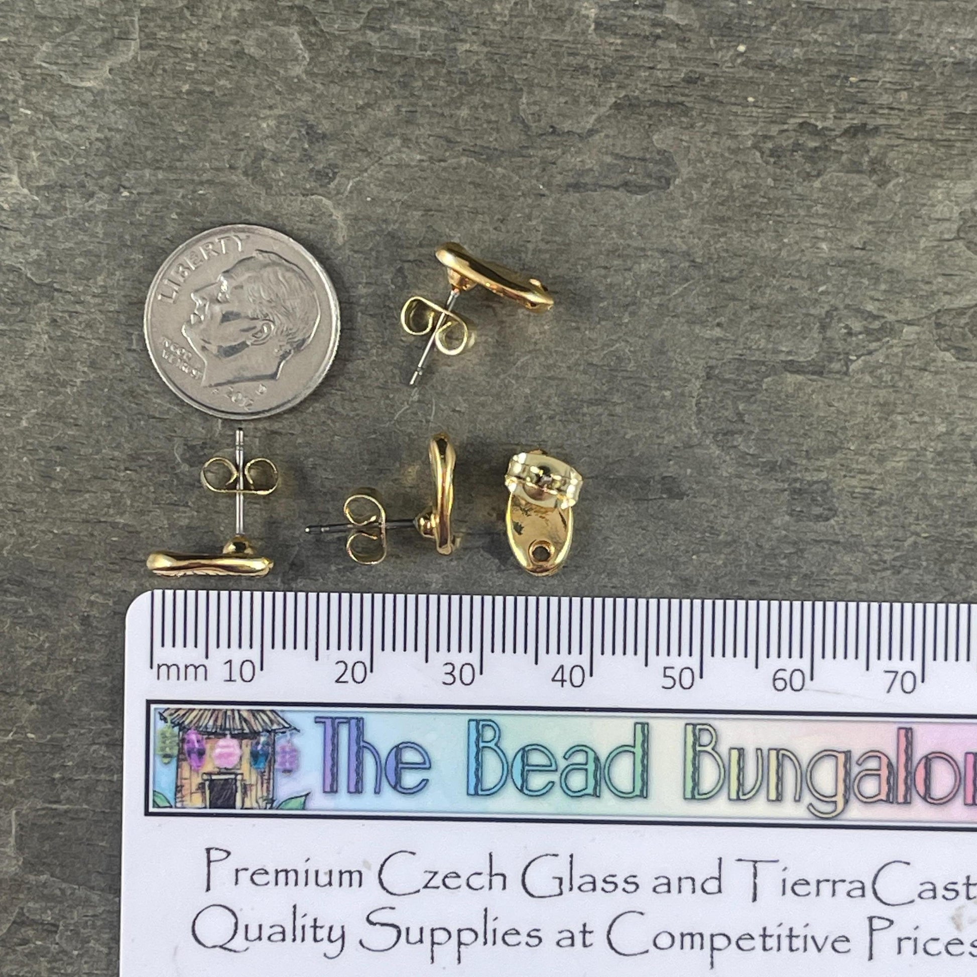 24k Gold Plated Earring Post, Small 11.5x6mm Organic Oval Earring with hole for Dangles (PF/14938-12) * Qty. 4