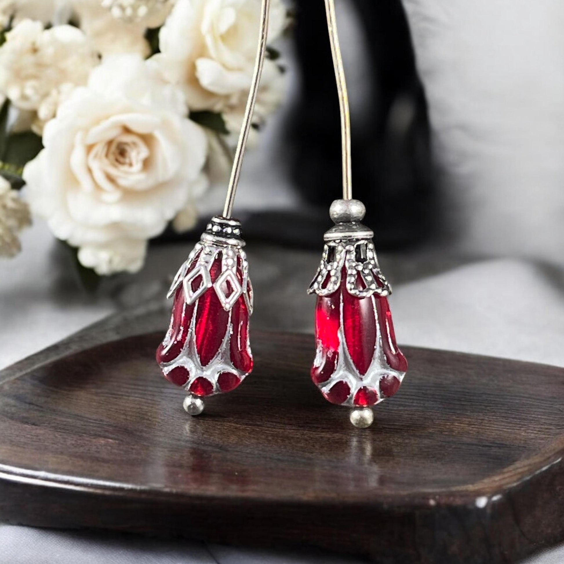 12x8mm Transparent Red Lily Bud Czech Glass Flower Beads, Red Flower with Silver Wash (LBud25) * Qty. 12