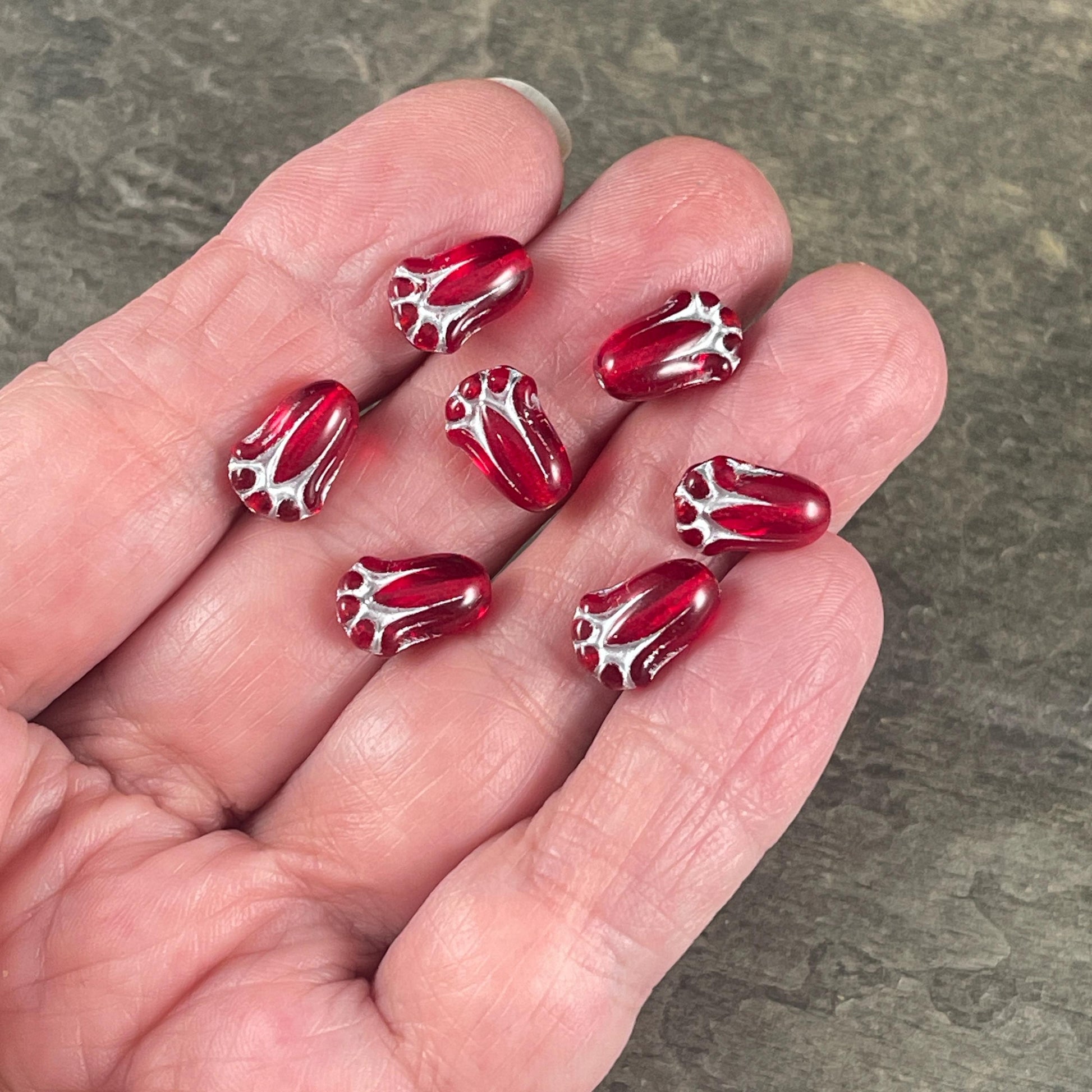 12x8mm Transparent Red Lily Bud Czech Glass Flower Beads, Red Flower with Silver Wash (LBud25) * Qty. 12