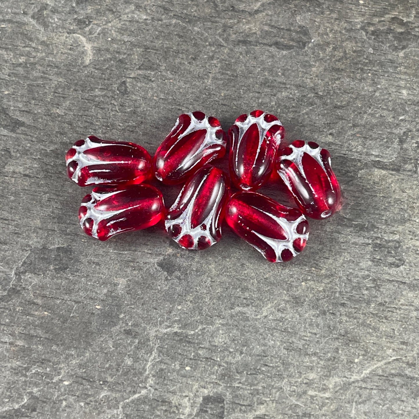 12x8mm Transparent Red Lily Bud Czech Glass Flower Beads, Red Flower with Silver Wash (LBud25) * Qty. 12