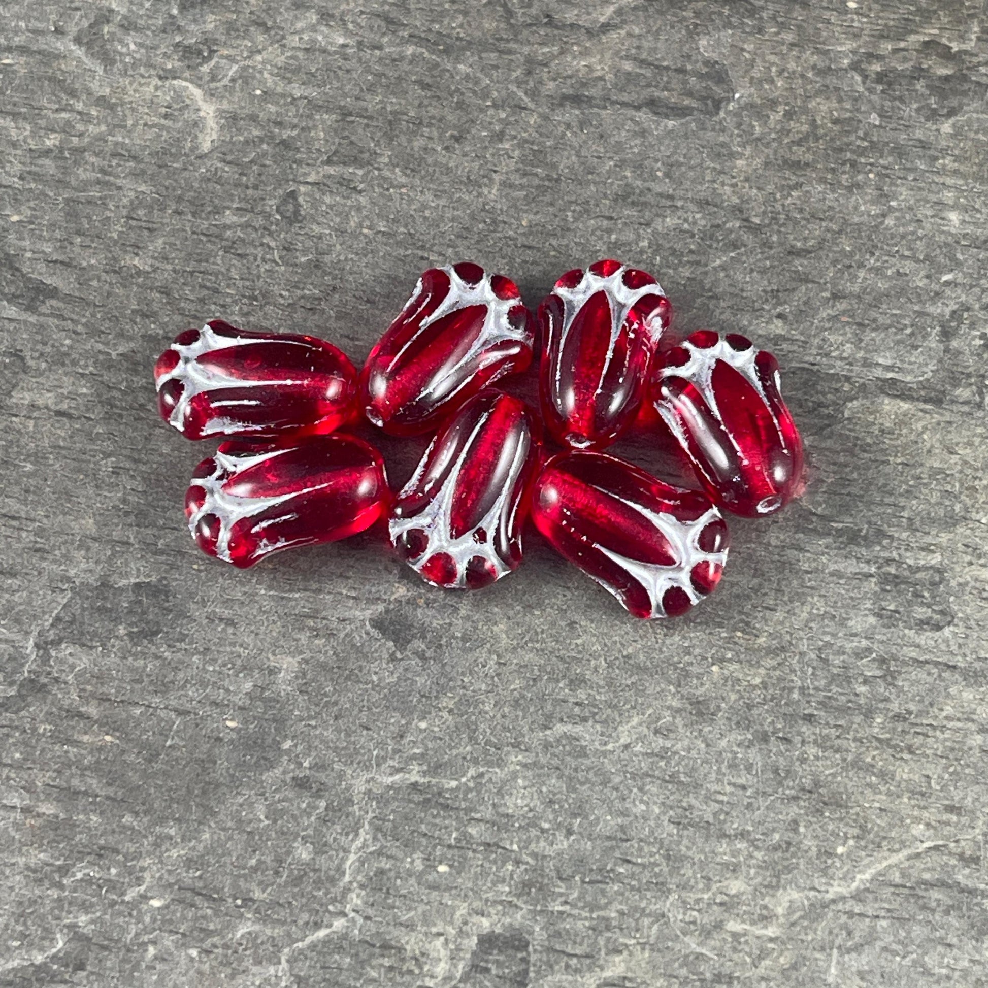 12x8mm Transparent Red Lily Bud Czech Glass Flower Beads, Red Flower with Silver Wash (LBud25) * Qty. 12