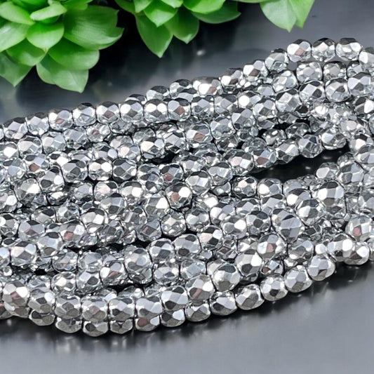 Czech Glass Beads - 4mm Metallic Silver, Faceted Glass Beads (FP4/N-087) * Qty 50