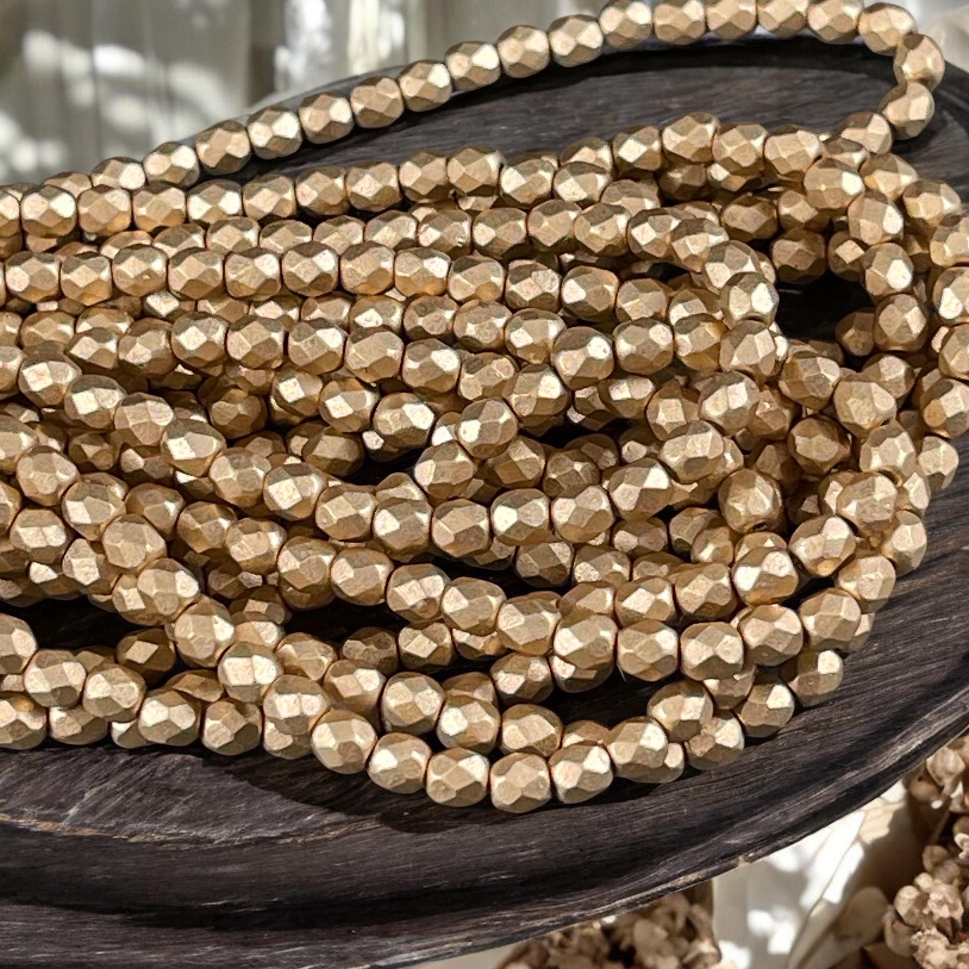 Czech Glass Beads - 4mm Matte Metallic Gold Faceted Round Beads (FP4/K0171) * Qty 50