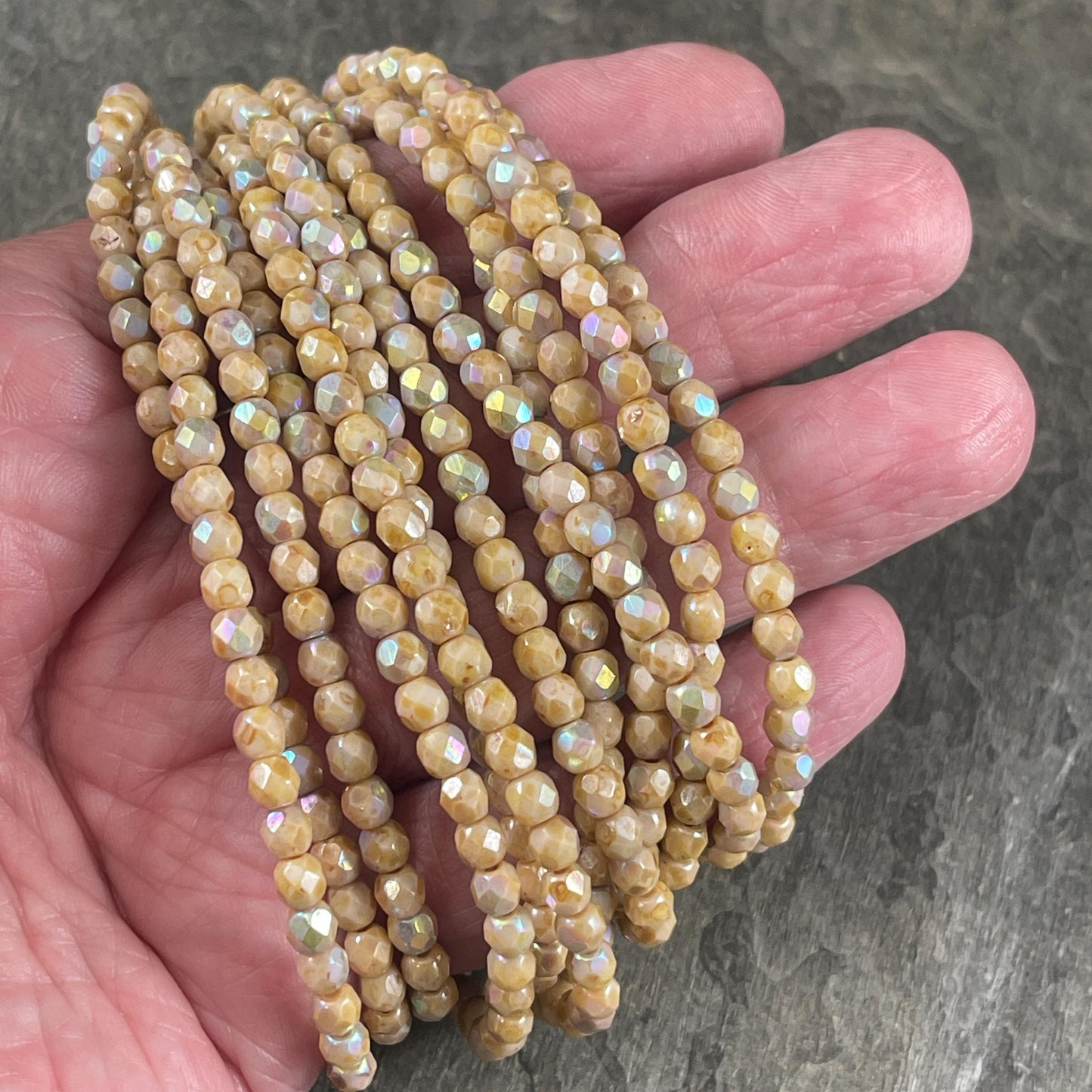 Czech Glass Beads - 4mm Beige Picasso Faceted Glass Beads with AB (FP4/N-022) * Qty. 50