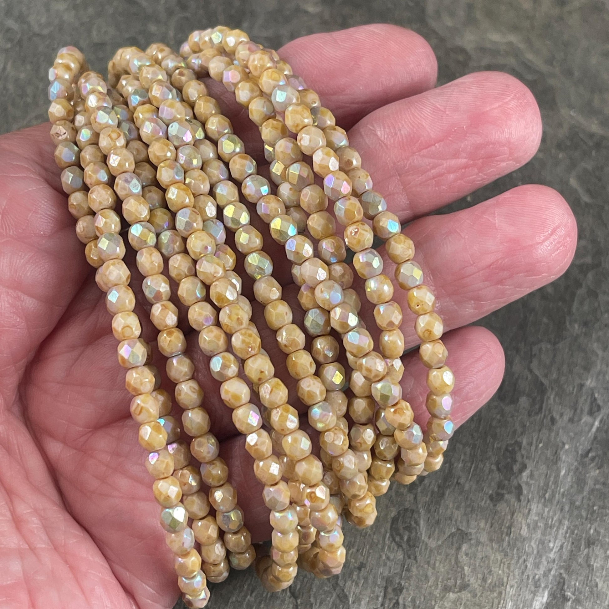 Czech Glass Beads - 4mm Beige Picasso Faceted Glass Beads with AB (FP4/N-022) * Qty. 50