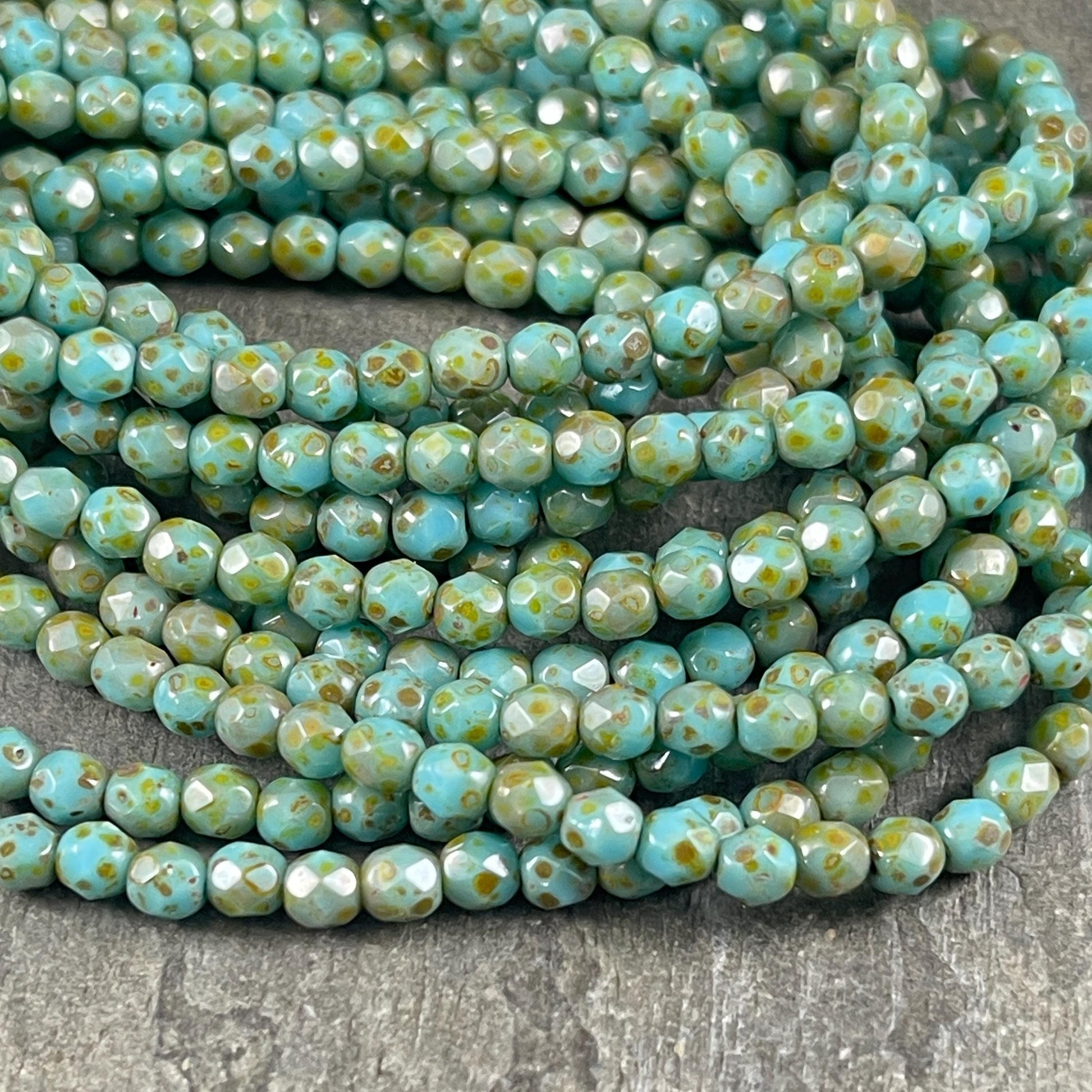 Czech Glass Beads - 4mm Turquoise Picasso Faceted Glass Beads (FP4/N-052) * Qty. 50