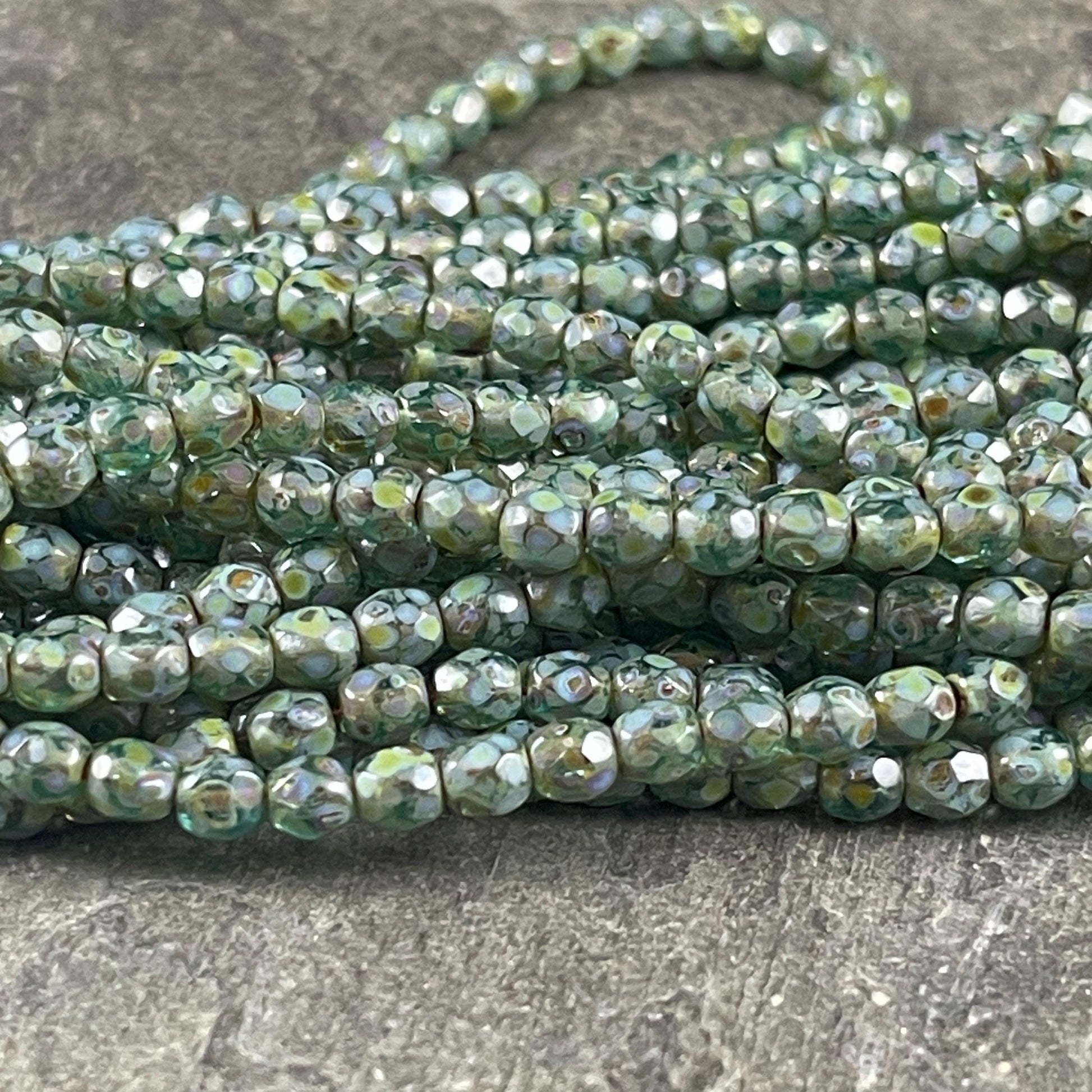 Czech Glass Beads - 4mm Olive Green Picasso Faceted Glass Beads (FP4/N-168B) * Qty. 50