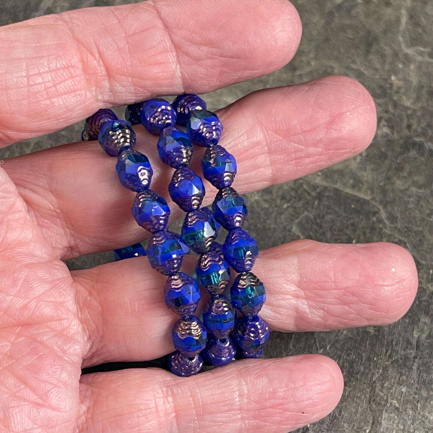 Czech Glass Beads - Royal Blue Cathedral 8x6mm Carved Oval Bicone (CTD/N-051) * Qty. 15