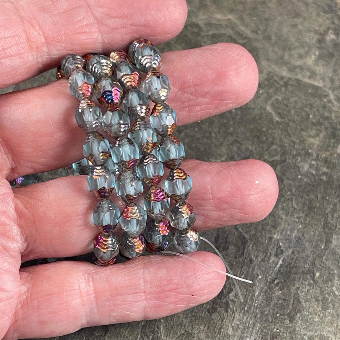 Czech Glass Beads, Matte Sky Blue with Volcano Picasso Cathedral 8x6mm Carved Oval Bicone (CTD/N-044) * Qty. 15