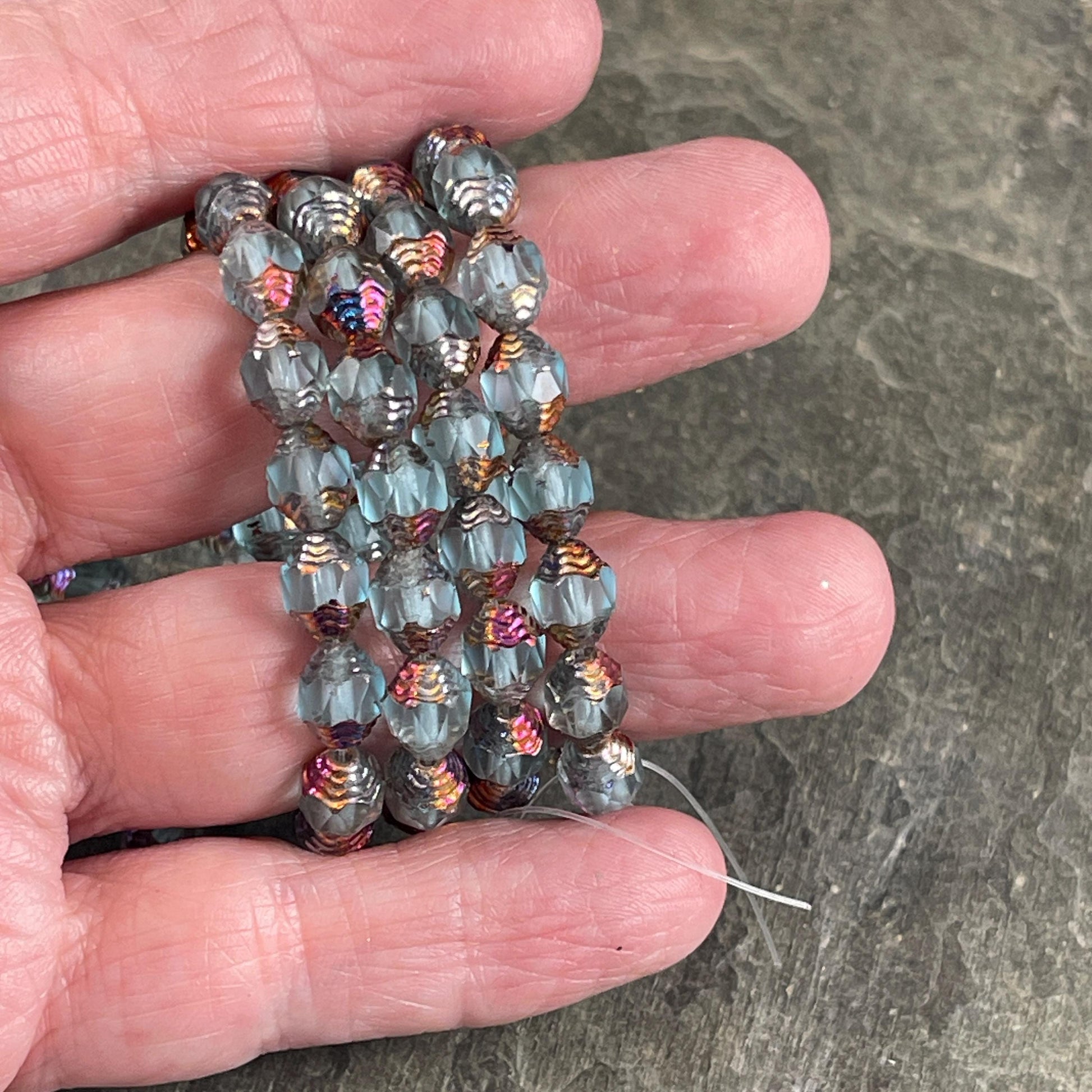 Czech Glass Beads, Matte Sky Blue with Volcano Picasso Cathedral 8x6mm Carved Oval Bicone (CTD/N-044) * Qty. 15