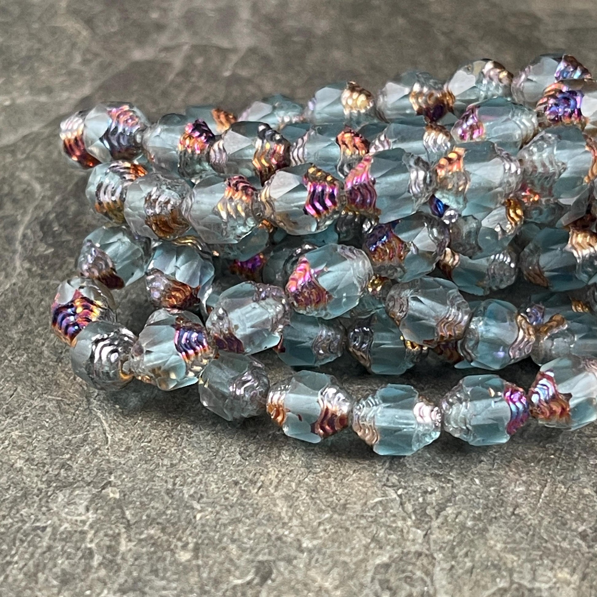 Czech Glass Beads, Matte Sky Blue with Volcano Picasso Cathedral 8x6mm Carved Oval Bicone (CTD/N-044) * Qty. 15