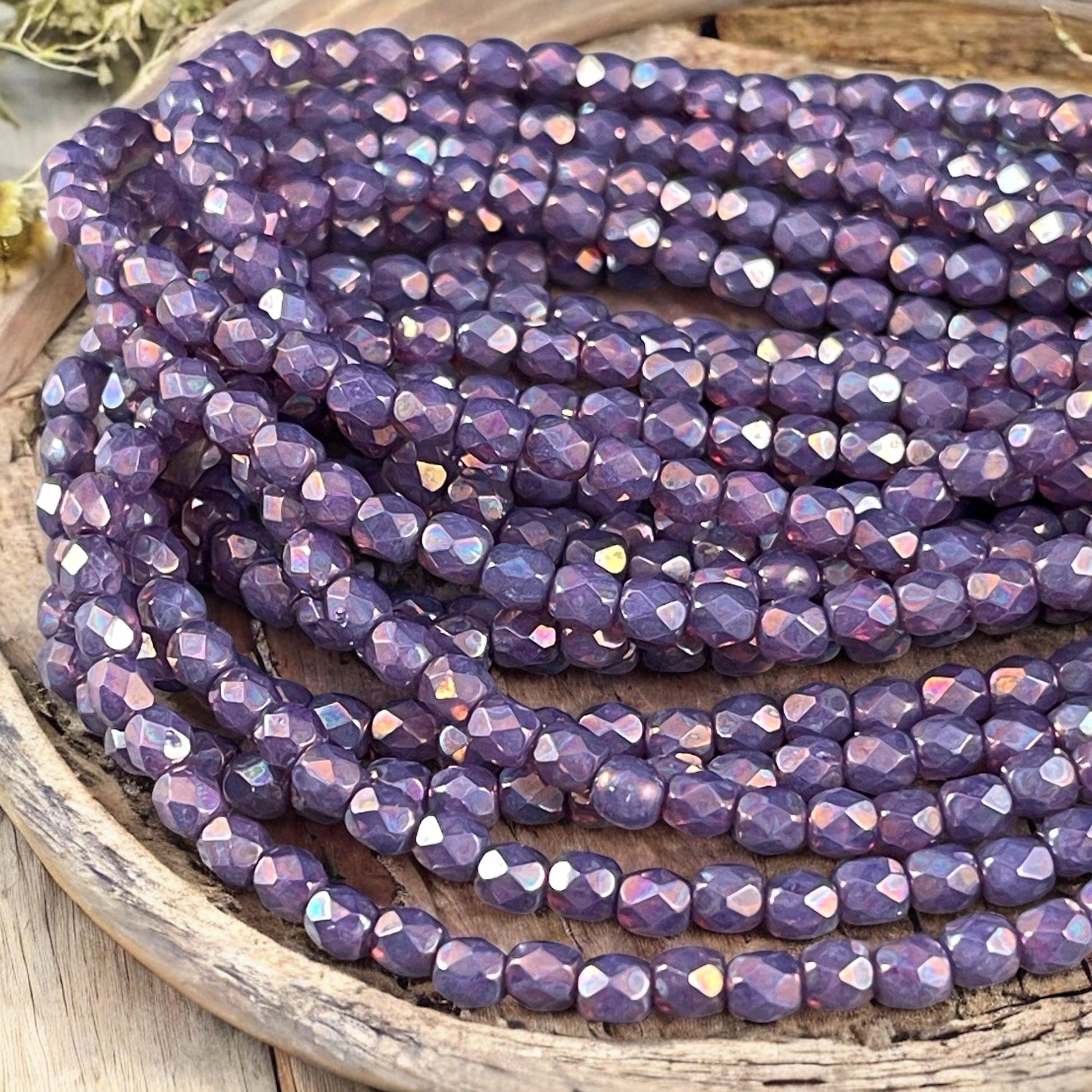 Czech Glass Beads - 4mm Purple with Mother of Pearl Faceted Glass Beads (FP4/N-153) * Qty. 50
