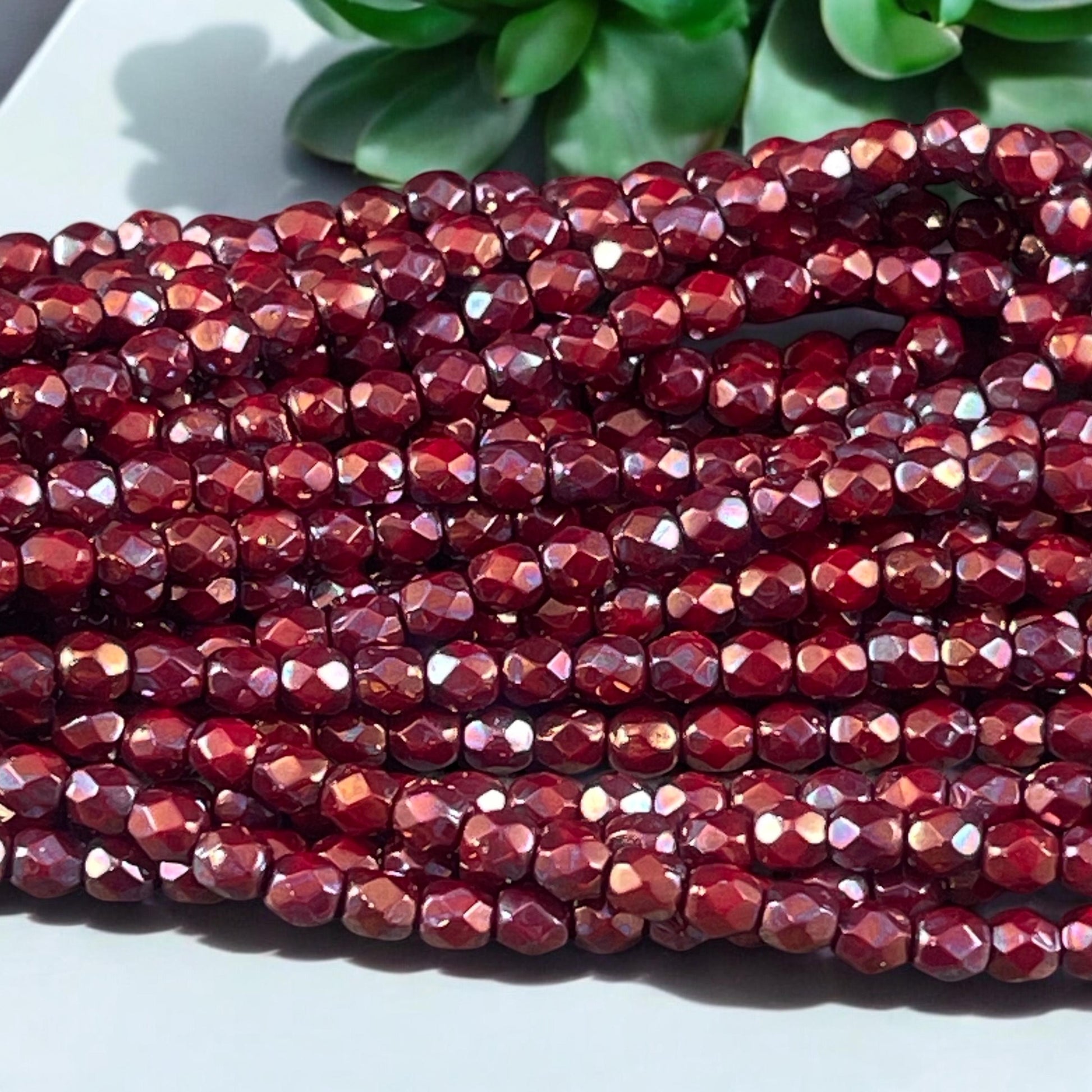 Czech Glass Beads - 4mm Chestnut Red, Burnt Umber with Purple Bronze Luster Faceted Glass Beads (FP4/N-091) * Qty. 50