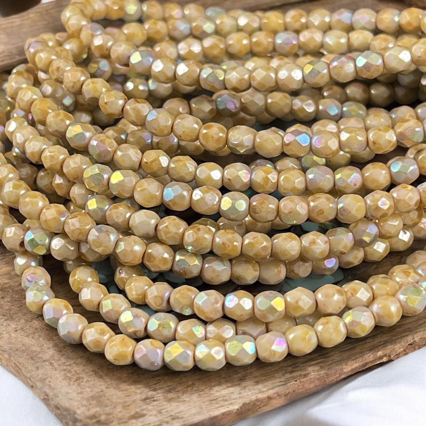 Czech Glass Beads - 4mm Beige Picasso Faceted Glass Beads with AB (FP4/N-022) * Qty. 50
