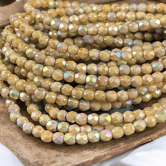 Czech Glass Beads - 4mm Beige Picasso Faceted Glass Beads with AB (FP4/N-022) * Qty. 50