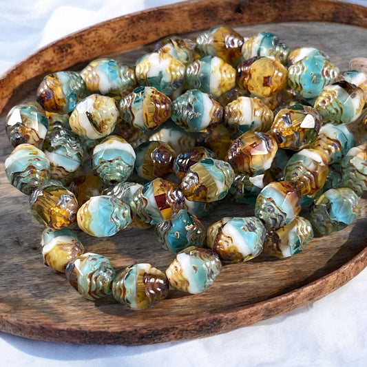 Czech Glass Beads, Sky Blue, Yellow and White Picasso Beads, Cathedral 8x6mm Carved Oval Bicone (CTD/N-041) * Qty. 15
