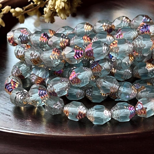 Czech Glass Beads, Matte Sky Blue with Volcano Picasso Cathedral 8x6mm Carved Oval Bicone (CTD/N-044) * Qty. 15
