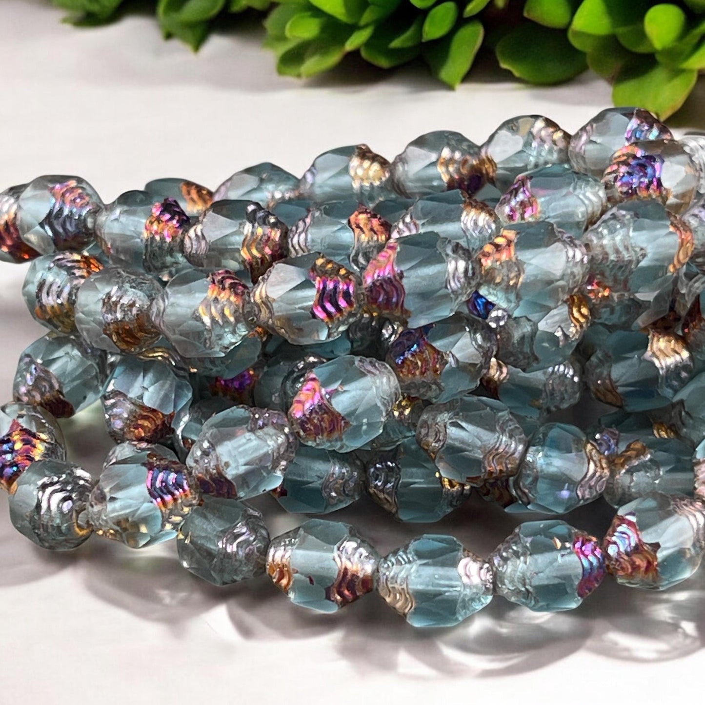 Czech Glass Beads, Matte Sky Blue with Volcano Picasso Cathedral 8x6mm Carved Oval Bicone (CTD/N-044) * Qty. 15