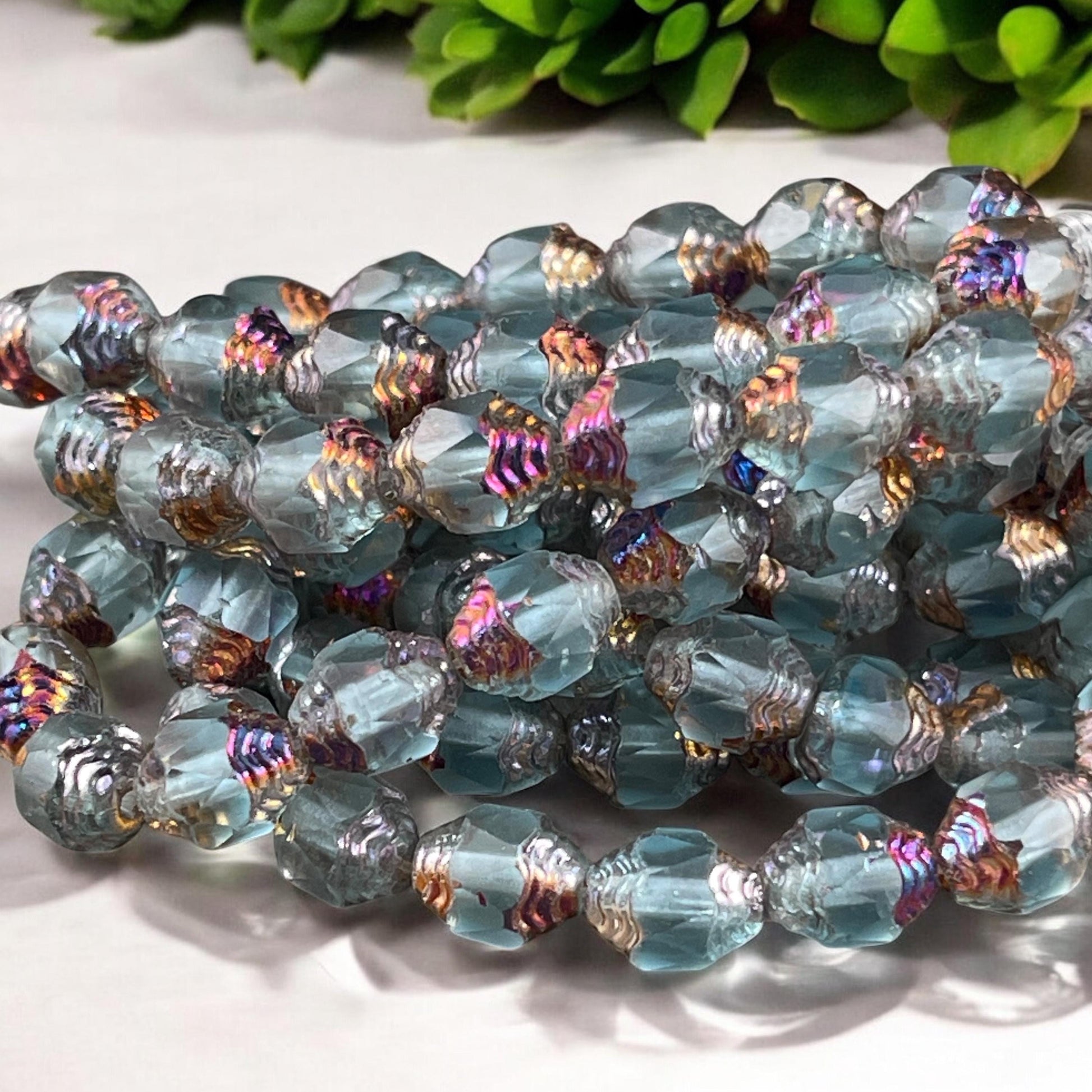 Czech Glass Beads, Matte Sky Blue with Volcano Picasso Cathedral 8x6mm Carved Oval Bicone (CTD/N-044) * Qty. 15