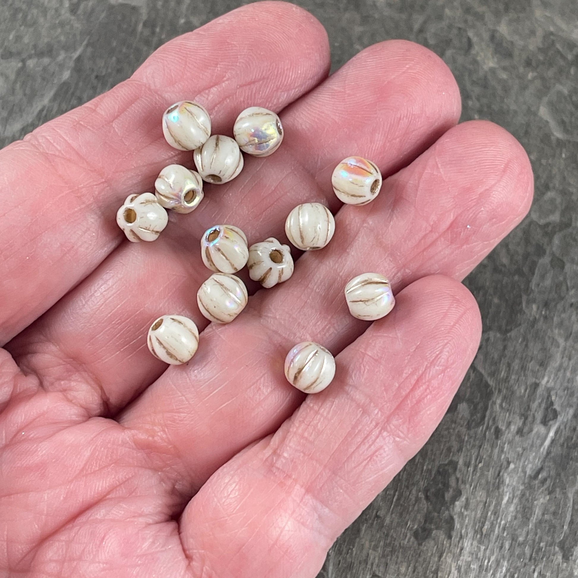 Czech Glass Beads - 6mm Large Hole Melon - Beige Glass with Rainbow AB Finish and Metallic Beige Wash (BH6/N-145) * Qty. 25