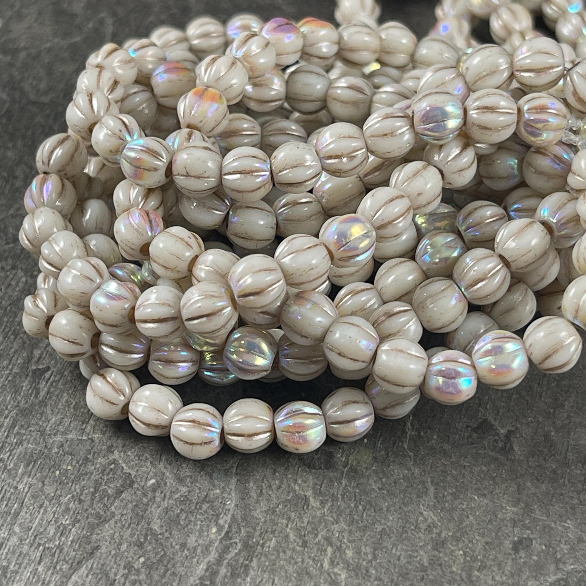 6mm Large Hole Melon - Beige Glass with Rainbow AB Finish and Metallic Beige Wash (BH6/N-145) * Qty. 25